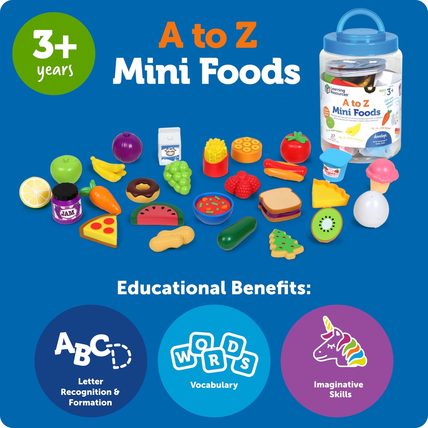 Learning Resources A to Z Mini Foods, Play Kitchen, Pretend Play, Montessori Toys for Kids, Preschool Toys, Ages 3+, 27 Pieces