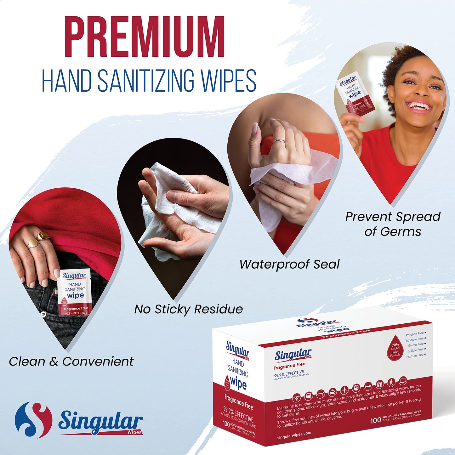 Hand Sanitizing Wipes Travel Size by Singular Wipes –100ct Individually Wrapped | Fragrance-Free, Moisturizing, 70% Isopropyl Alcohol Wipes | Travel, Home, Office, Daily Use | Made in USA