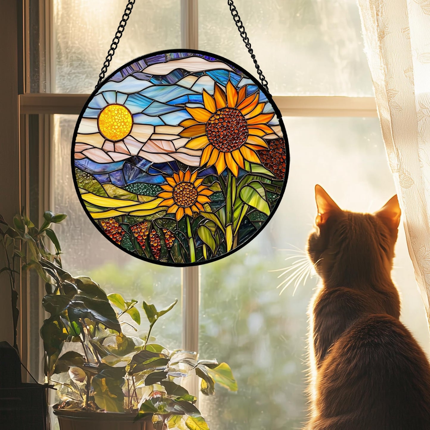 AMDERVEN Stained Glass Suncatcher, Sunflower Flowers Landscape Sun Catcher Plant Mountains Stain Glass Window Hanging Decoration Mother's Day Birthday Gifts for Women Men Mom Nana 7.8 in