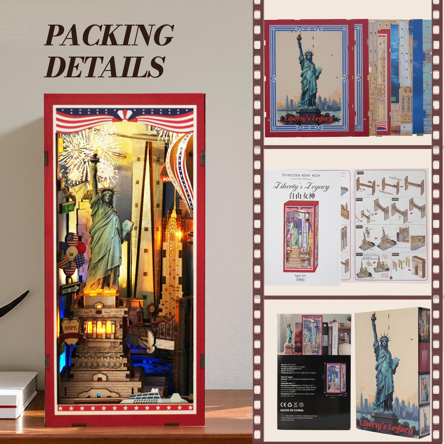 Book Nook Kit, DIY Miniature House Dollhouse Crafts Kit for Adults and Teens, The Statue of Liberty New York Cityline 3D Wooden Puzzle Booknook Build Bookshelf Decor Gifts（Liberty's Legacy）