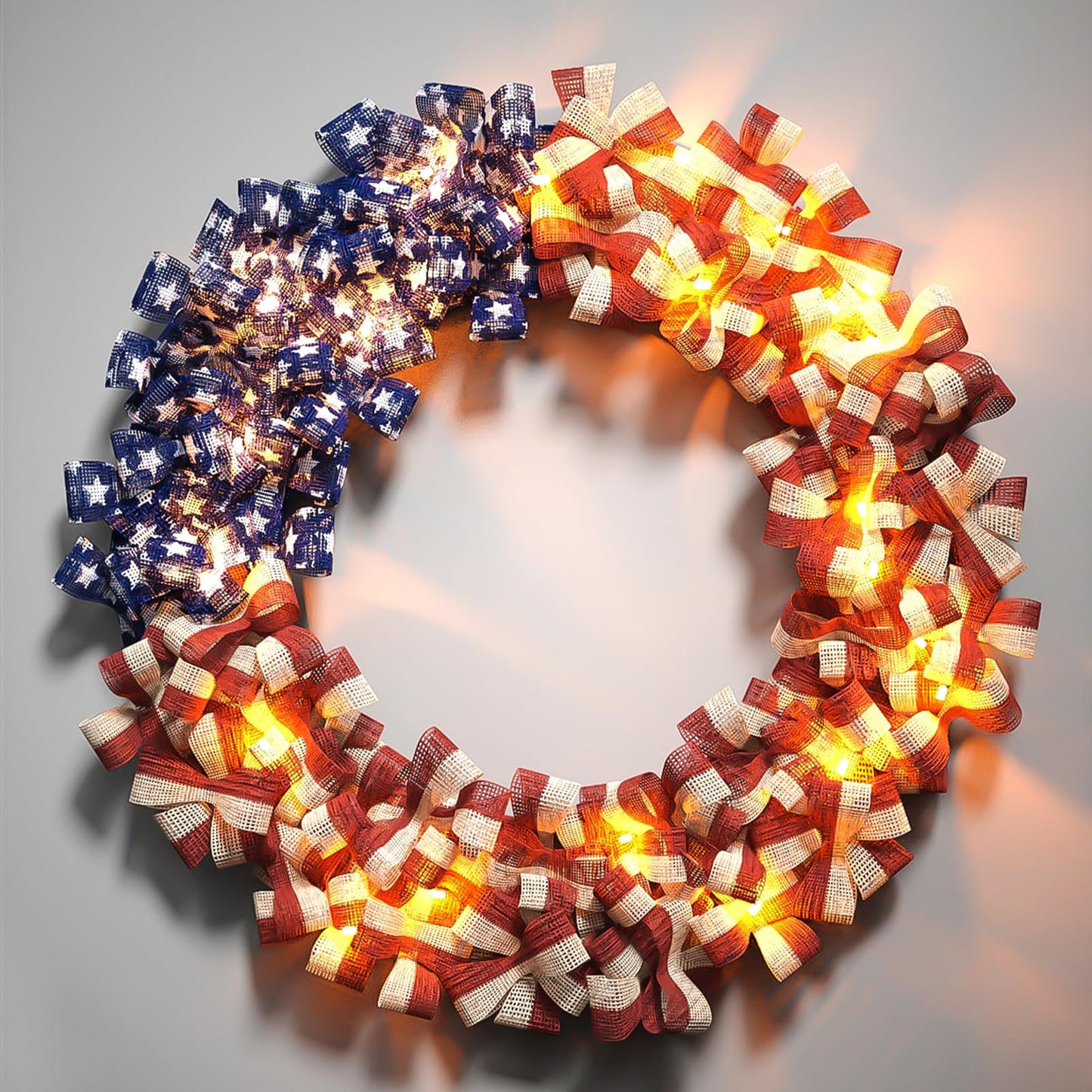 Patriotic Wreath 18 Inch American Flag Wreath for Front Door, Burlap Red White and Blue Decor with Stars Stripes and Timer-Equipped Light Strip for 4th of July Memorial Day Veterans Day