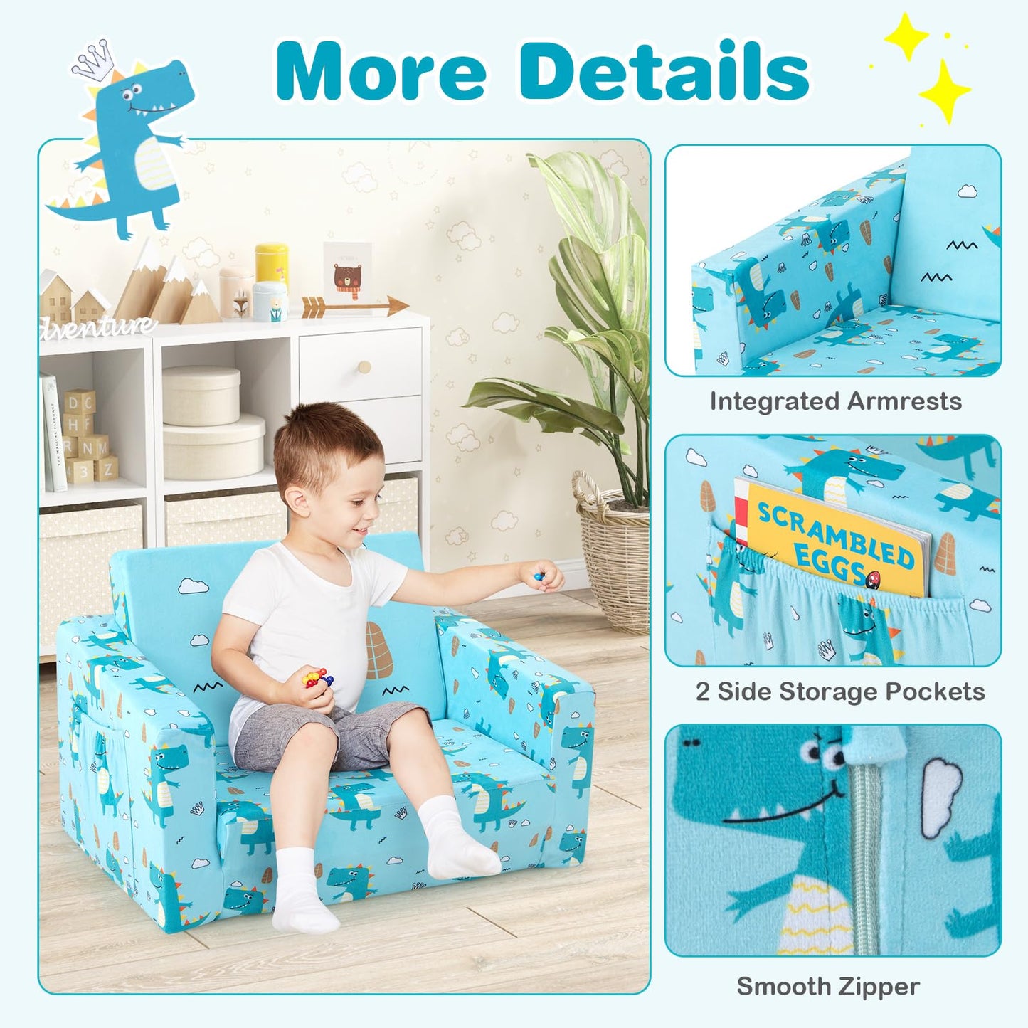 Costzon Kids Couch, 2 in 1 Flip Open Children's Sofa w/Velvet Fabric, Storage Pockets, Toddler Armrest Chair Bed for Nap Play Sleep, Ideal Gift for 0-4 Years Old Baby Boys Girls, Crocodile