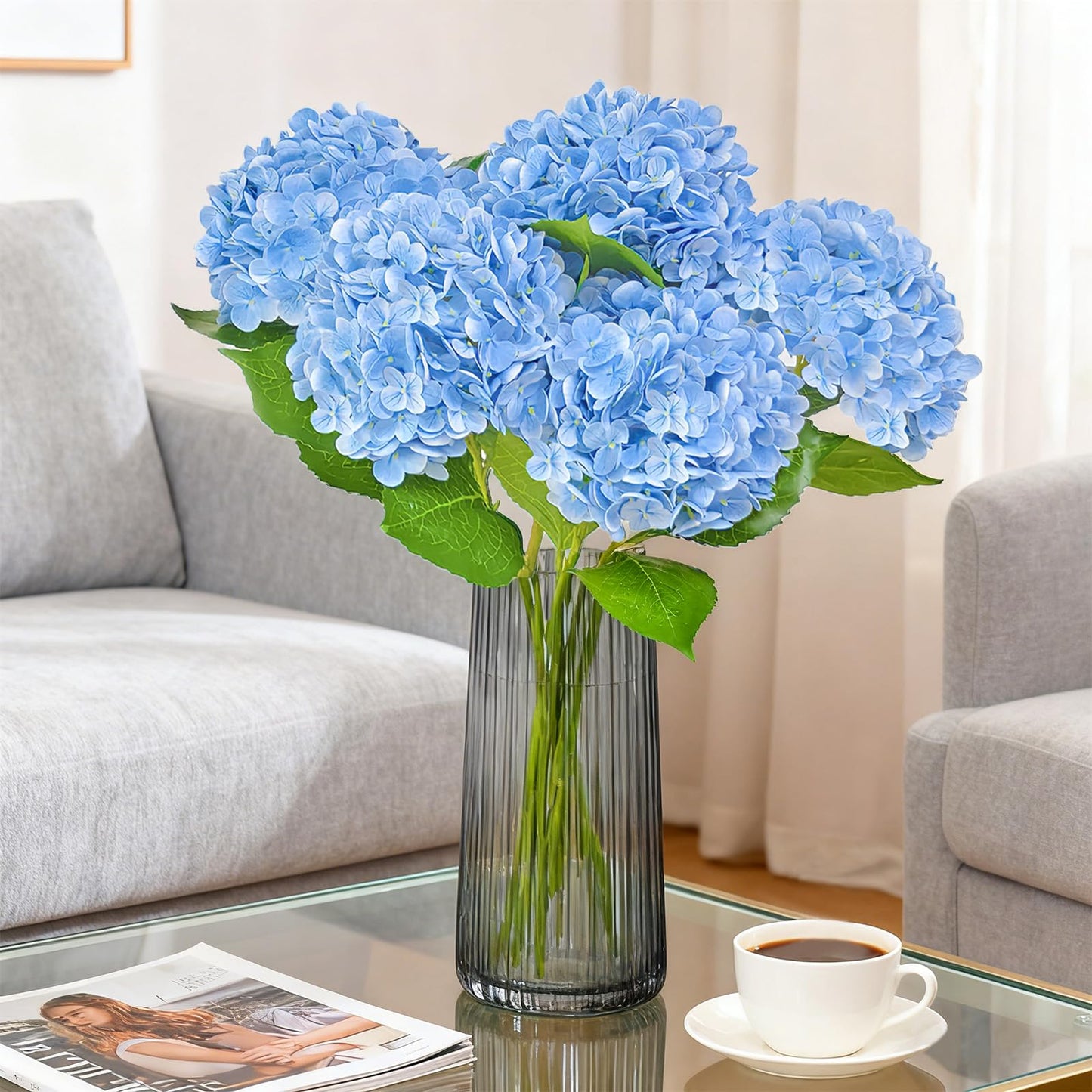 Cherica 6 Pcs Real Touch Blue Hydrangea Artificial Flowers with Stems, Fake Silk Flowers for Outdoors, Artificial Flowers for Home Decor Wedding Bouquets Centerpieces Vase