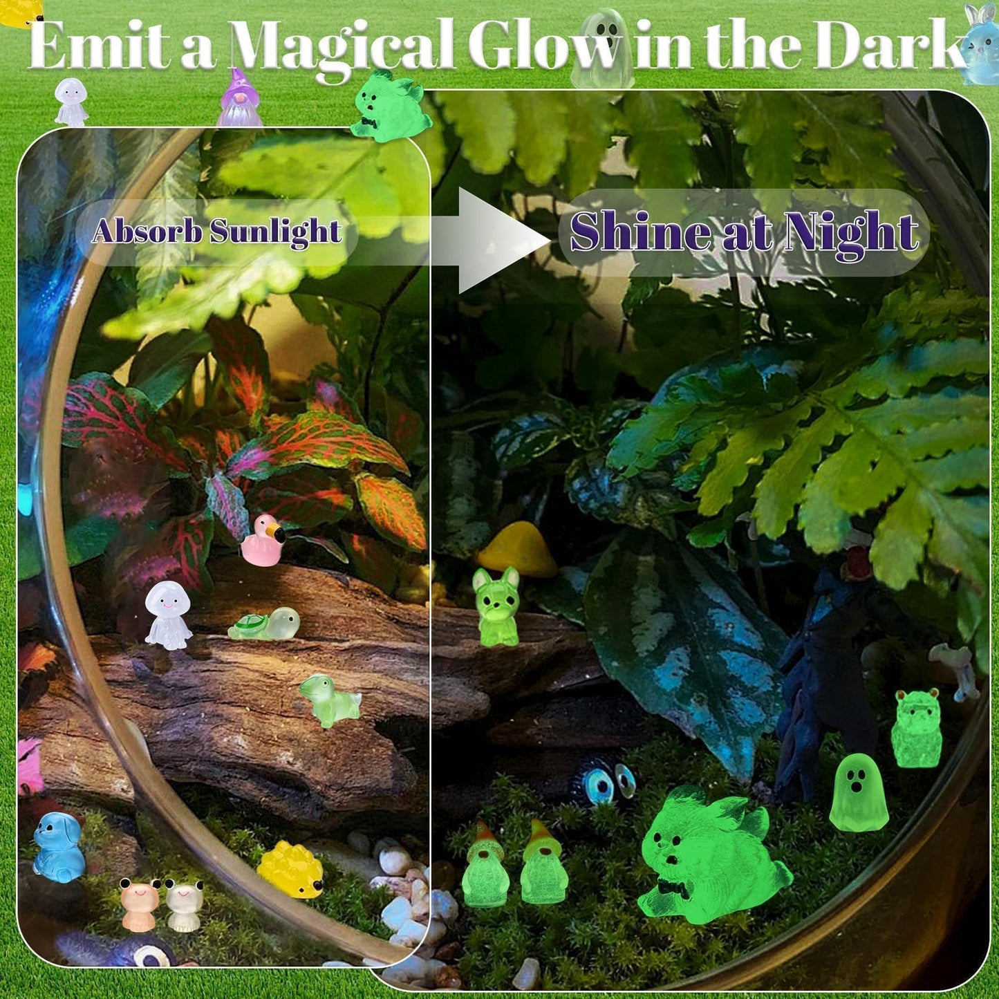 Prdingfy 200PCS Glow in The Dark Mini Resin Animals Bulk Variety Pack - 200 Styles Tiny Miniature Figures for Fairy Garden, Dollhouse, Aquarium Decor, Hide and Seek, Crafts