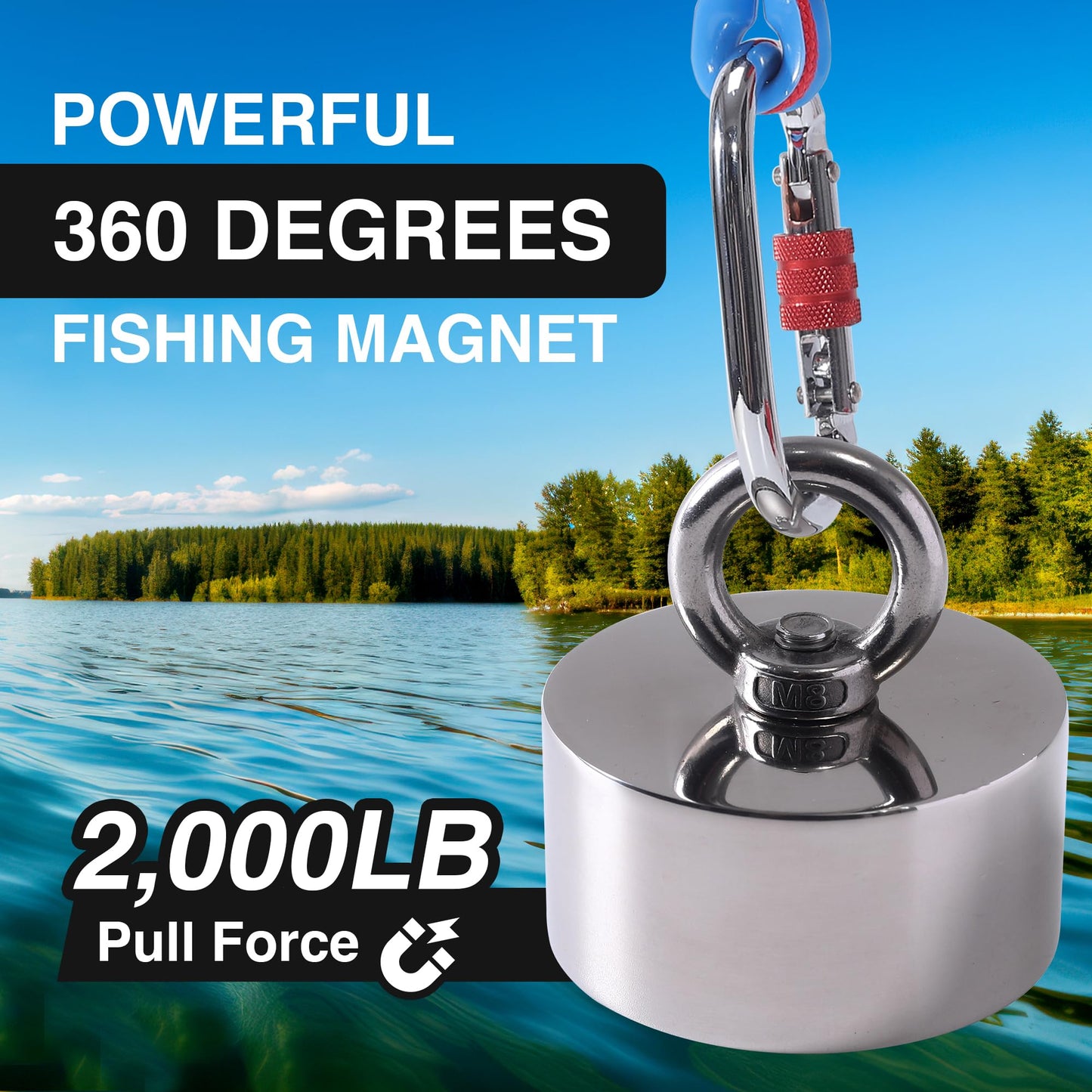 2000lb Strong 360 Degree Fishing Magnet for Magnetic Fishing, Strong Heavy Duty Neodymium N52 Magnets for Salvage Treasure Hunting in Rivers, Oceans and Lakes