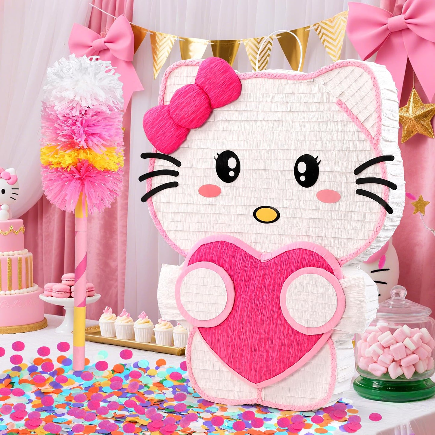 21" Pinata for Birthday Party - 3D Pink Large Piñata, 24" Bat Stick, Eye Mask, Rope - Cute Love Heart Design, Large Party Decoration & Candy Holder for Girls Kids Theme Party, Room Decor & Centerpiece