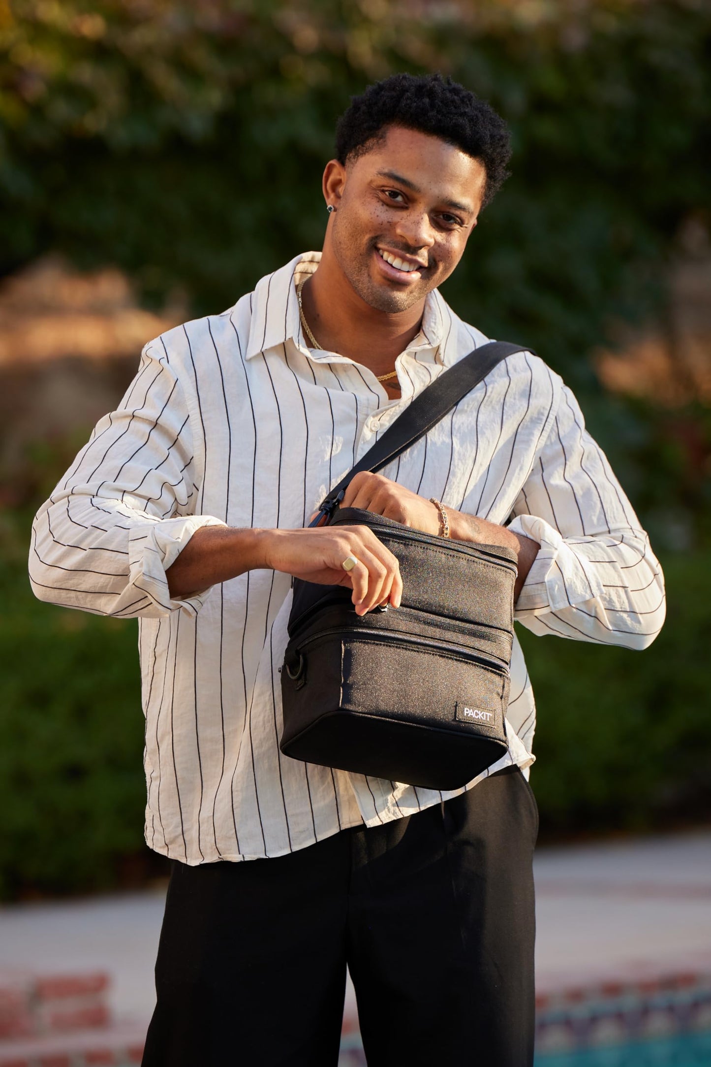 PackIt MOD 3-IN-1 Lunch Box, Black, Triple Function System, Insulated and Freezable with EcoFreeze® Technology, Removable Crossbody Strap, Top Handle, Designed for Fresh Office or Work Lunches