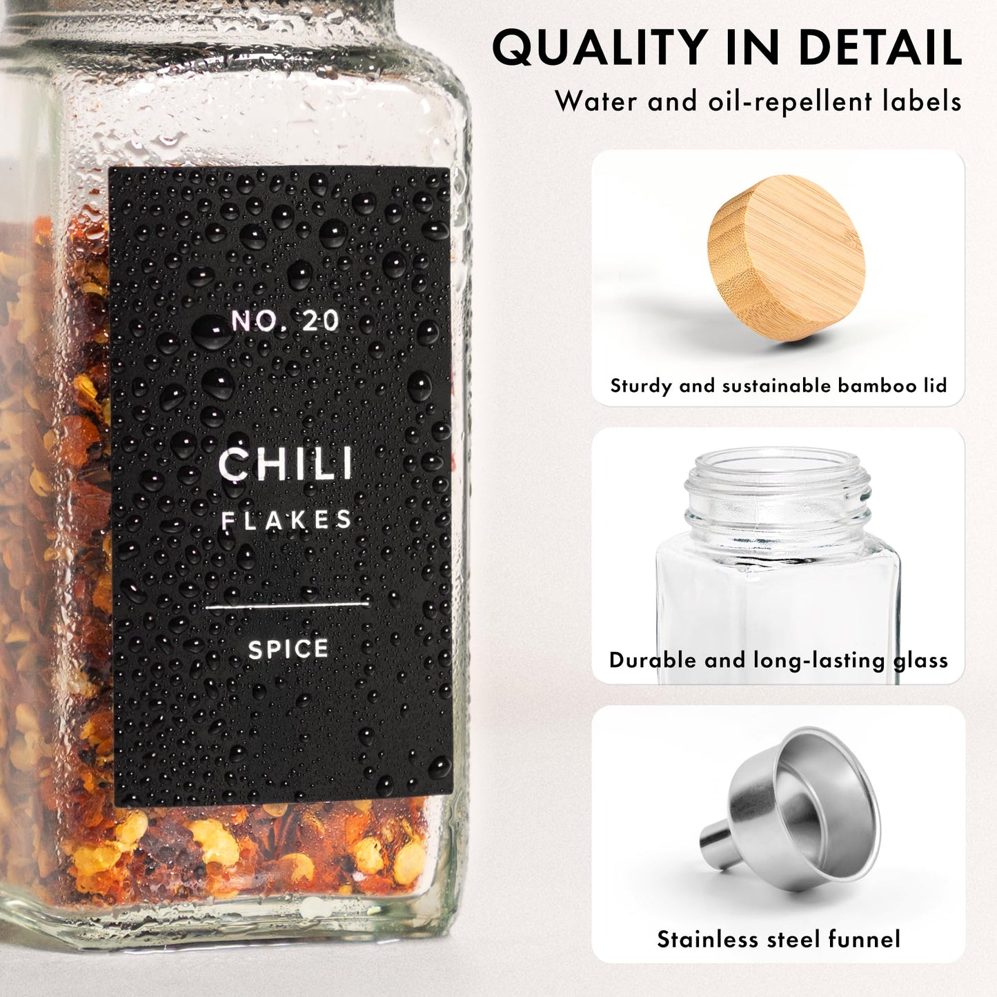 EDELHAUS® Square Spice Jars with Bamboo Wooden Lid (Pack of 24) Spice Jars with Shaker Insert and 240 Labels - Bamboo Lid Glass Container for Spice Organisation [4.3 in × 1.8 in]
