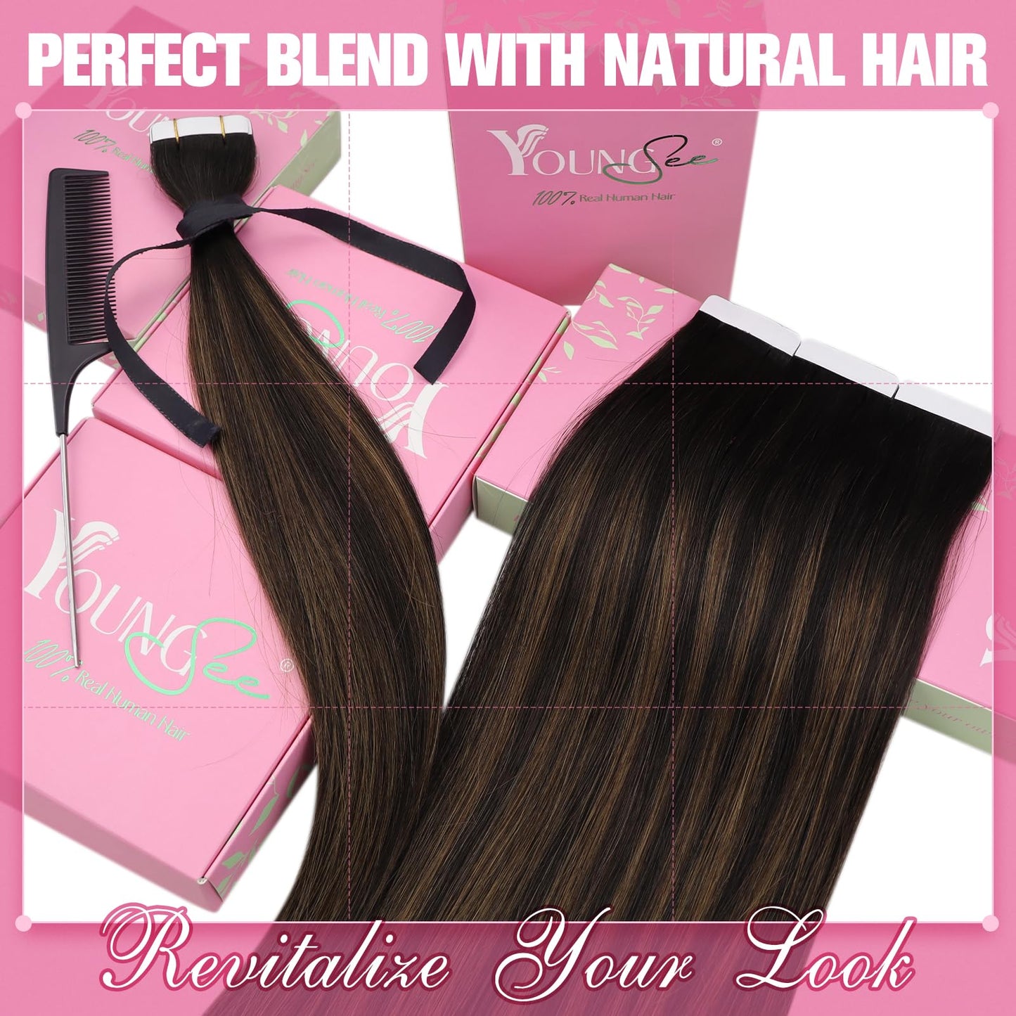 YoungSee Tape in Human Hair Extensions Brown Balayage Tape in Extensions Human Hair Dark Brown Balayage Invisible Tape in Hair Extensions Ombre Human Hair Tape in Extensions 20 Inches 20pcs 50g