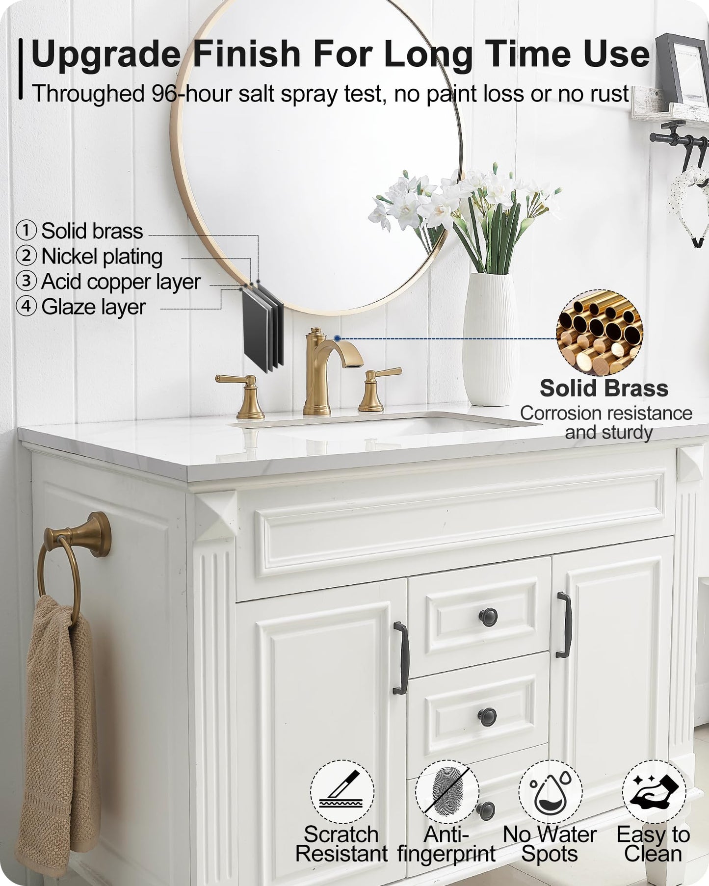 HEYMYTAP Brass Bathroom Waterfall Faucet, 4-16 Inch Brushed Gold Bathroom Faucet Widespread Bathroom Sink Faucet, 2 Handles Bathroom Faucets for Sink 3 Hole with Pop Up Drain, Water Hoses
