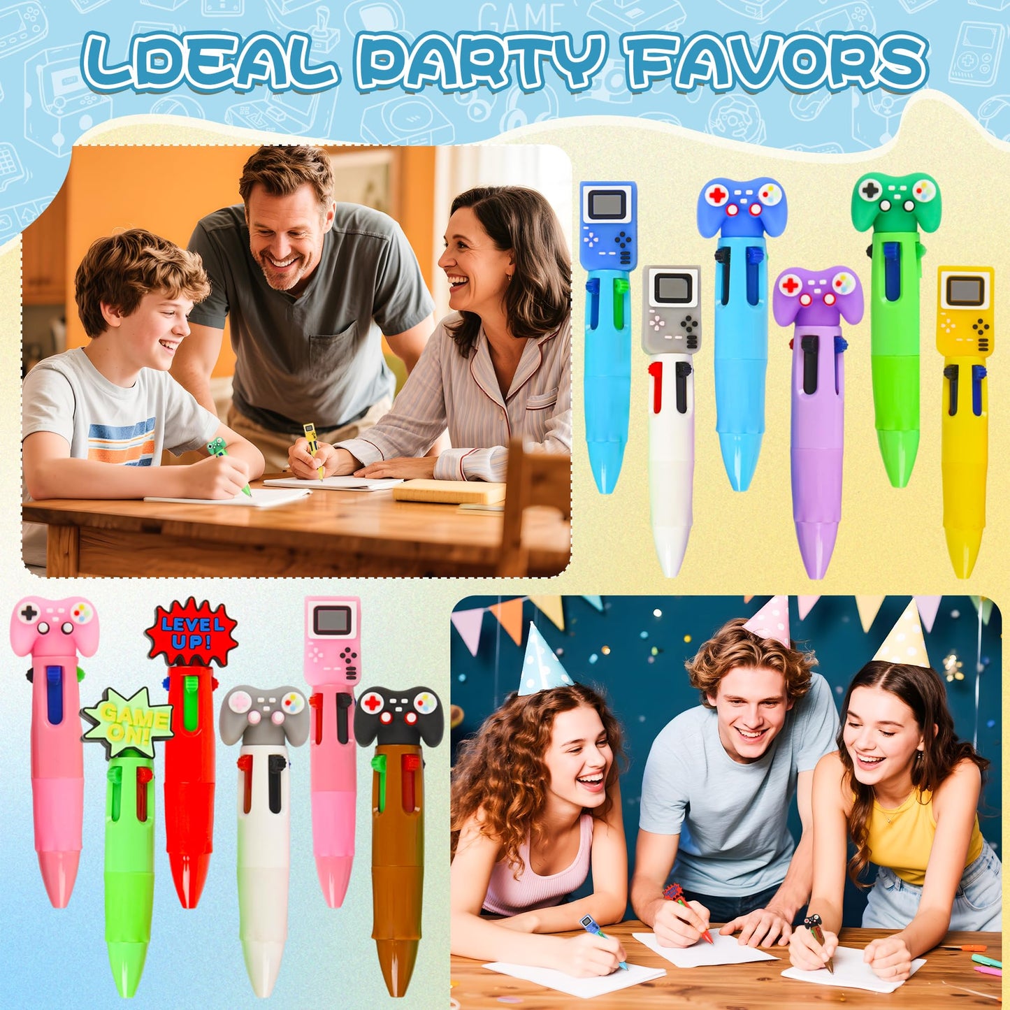 LiYiQ 100 Pcs Video Game Colorful Multicolor Pen in One Cartoon Cute Fun 4-in-1 Cute Pens Bulk Kawaii Game Handle Level Up Games Console Shape Cool Ballpoint Pens for Kids Fun Gifts