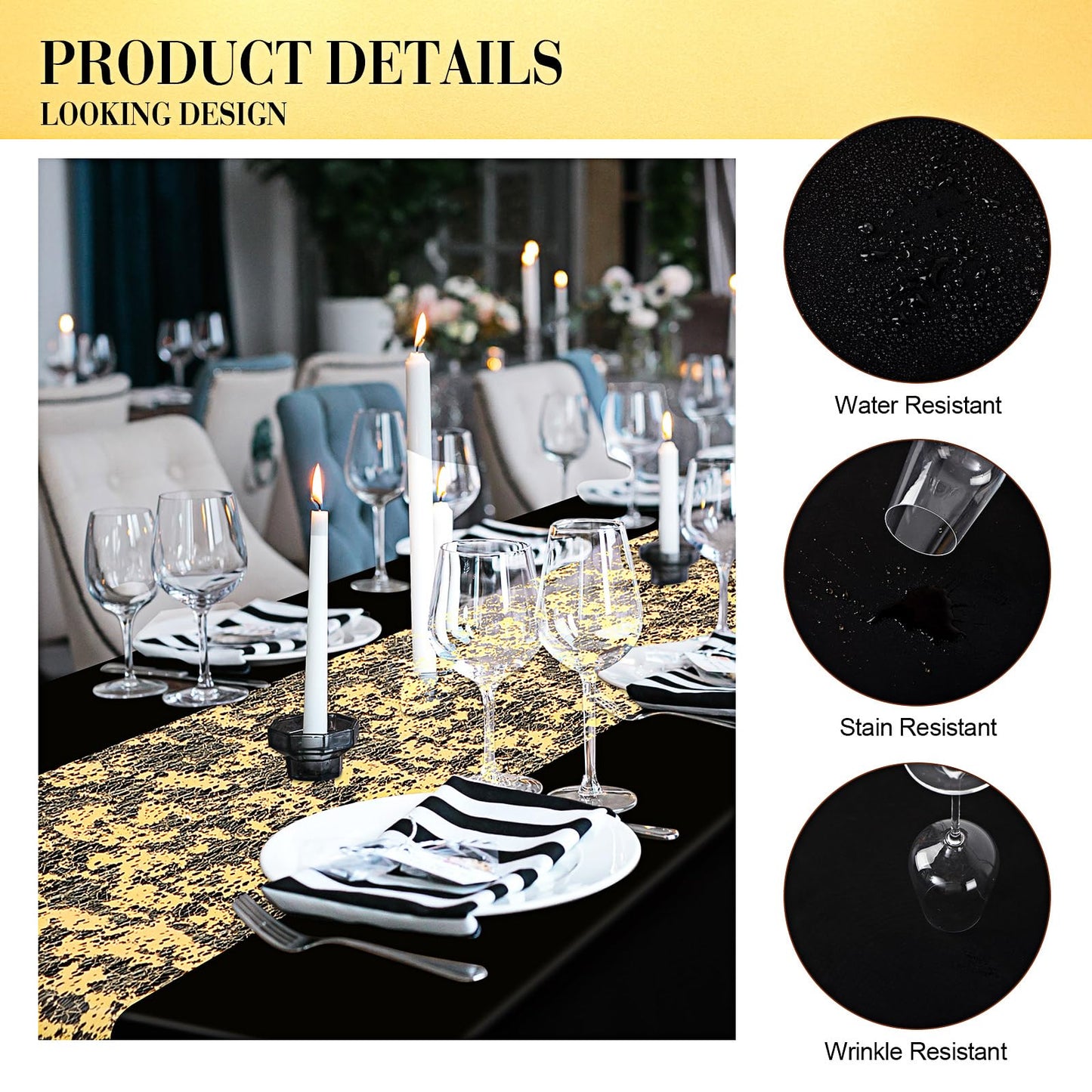 Peryiter 12 Polyester Rectangle Tablecloth 60 x 102'' and Sequin Gold Table Runner, Decorative Fabric Waterproof Table Cover Set for Christmas New Year Wedding Dinner Anniversary Party(Black)