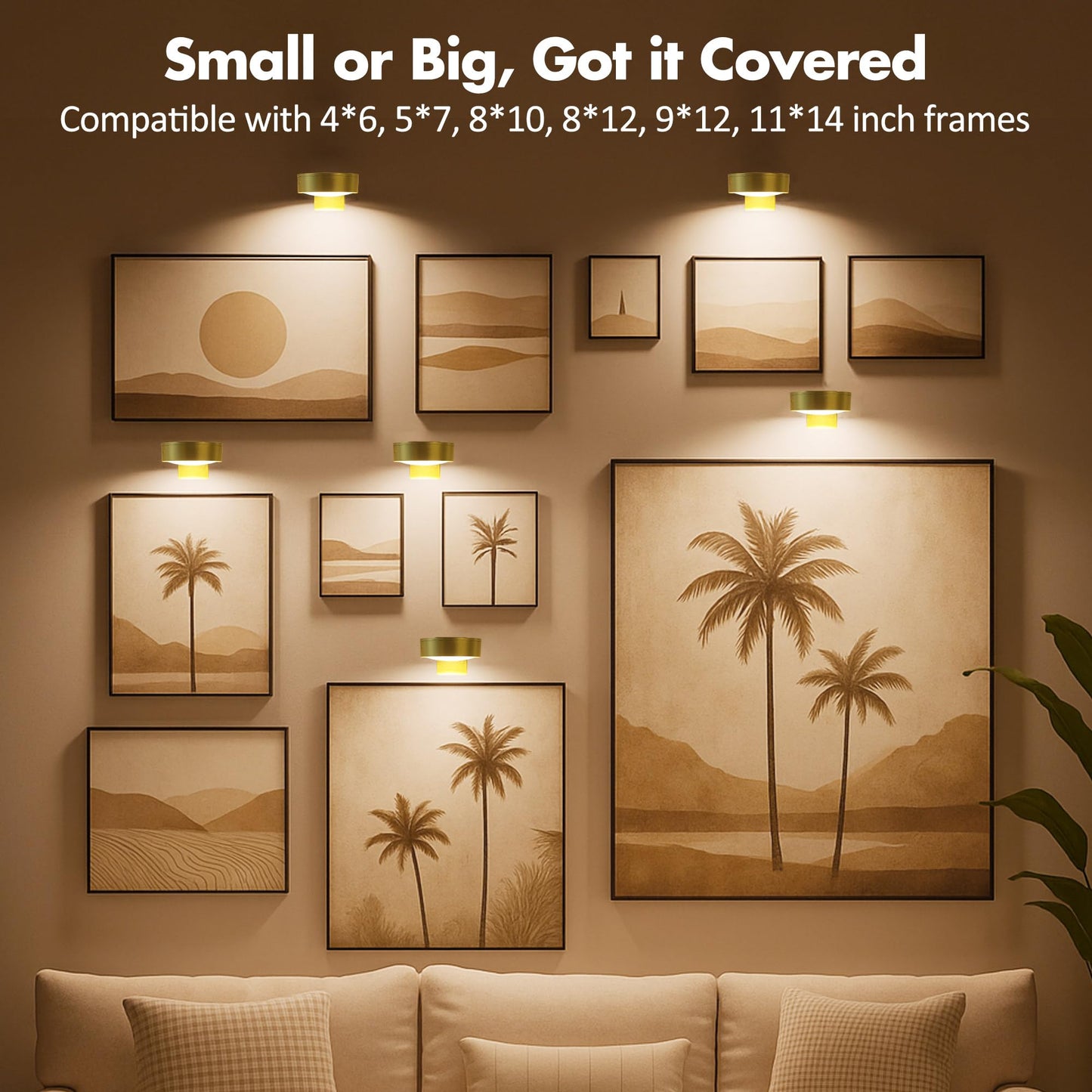 6Pcs Battery Operated Picture Light, Magnetic Led Painting Light with Remote Dimmable and Timer, 3 Lighting Modes Art Display Light for Picture Frame Paintings, Wireless Wall Decor Puck Lights, Gold