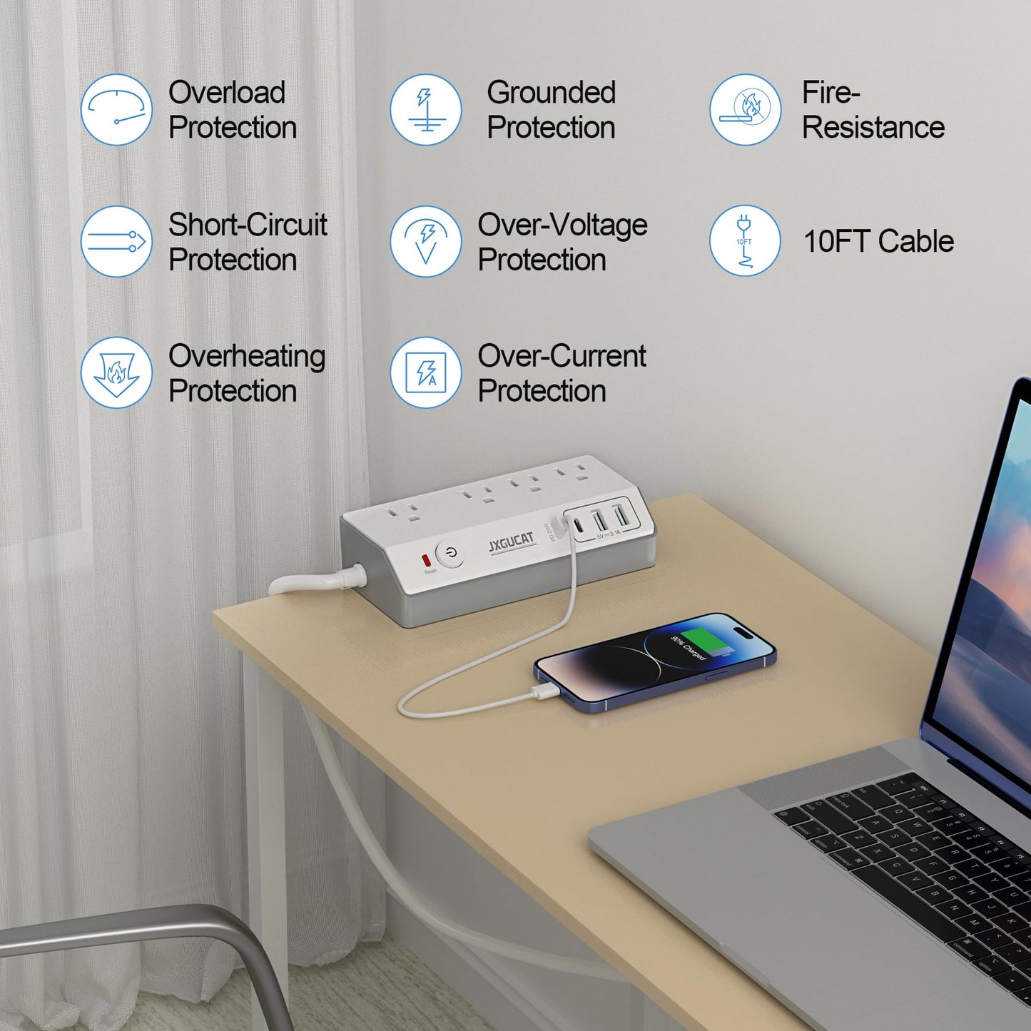 Desk Clamp Power Strip with USB C, JXGUCAT PD 20W Fast Charging Power Station, Removable Desk Clamp Mount Power Strip Surge Protector, 10 ft Cord with 4 Outlet 4 USB Ports, Fit 1.8" Tabletop Edge