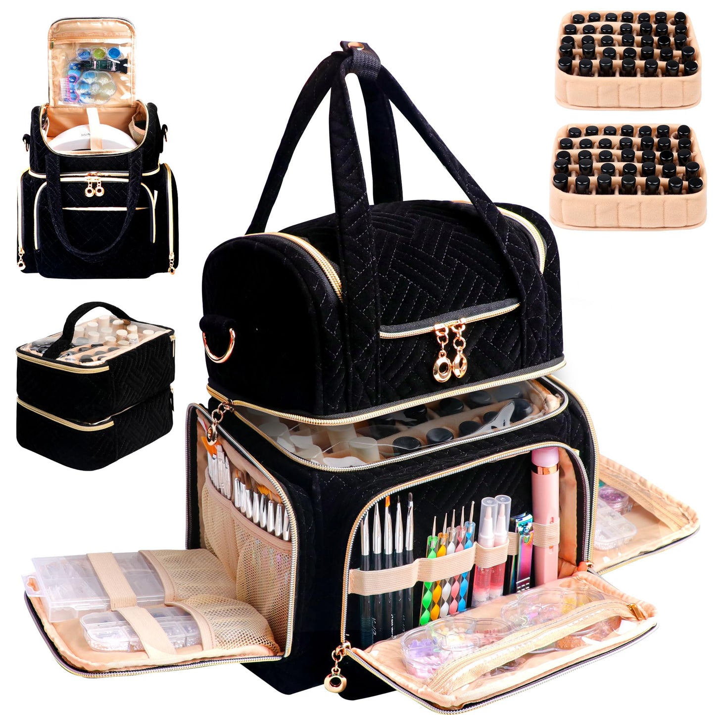 ahzske Nail Polish Organizer Bag Holds 70 Bottles& Nail Lamp, Velvet Nail Kit Storage Carrying Case with 2 Removable Pouches, Portable Nail Supplies Shoulder Bag for Manicure Tools (Elegant Black)