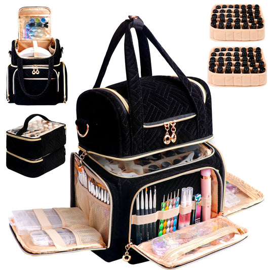 ahzske Nail Polish Organizer Bag Holds 70 Bottles& Nail Lamp, Velvet Nail Kit Storage Carrying Case with 2 Removable Pouches, Portable Nail Supplies Shoulder Bag for Manicure Tools (Elegant Black)