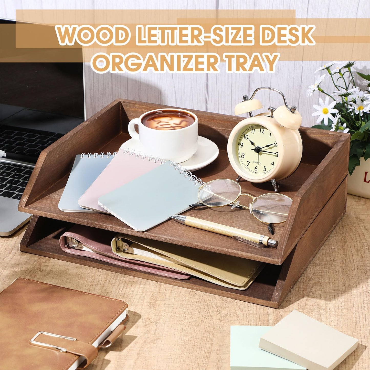 Beeveer 2 Pcs Dark Wood Letter Tray Wooden Desk Paper Organizer 2 Tier Stackable Load Documents Desktop Tray Drawer File Folder Magazine Office Accessories for Home Office Back to School