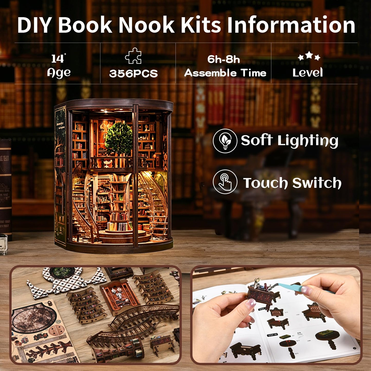 DIY Book Nook Kits for Adults - BookNook Miniature House Kit with LED Light - Mini House Building Book Nooks Tales - 3D Puzzle Book Nook Library Diorama Kit for Teens Beginners - Dreamy Bookstore