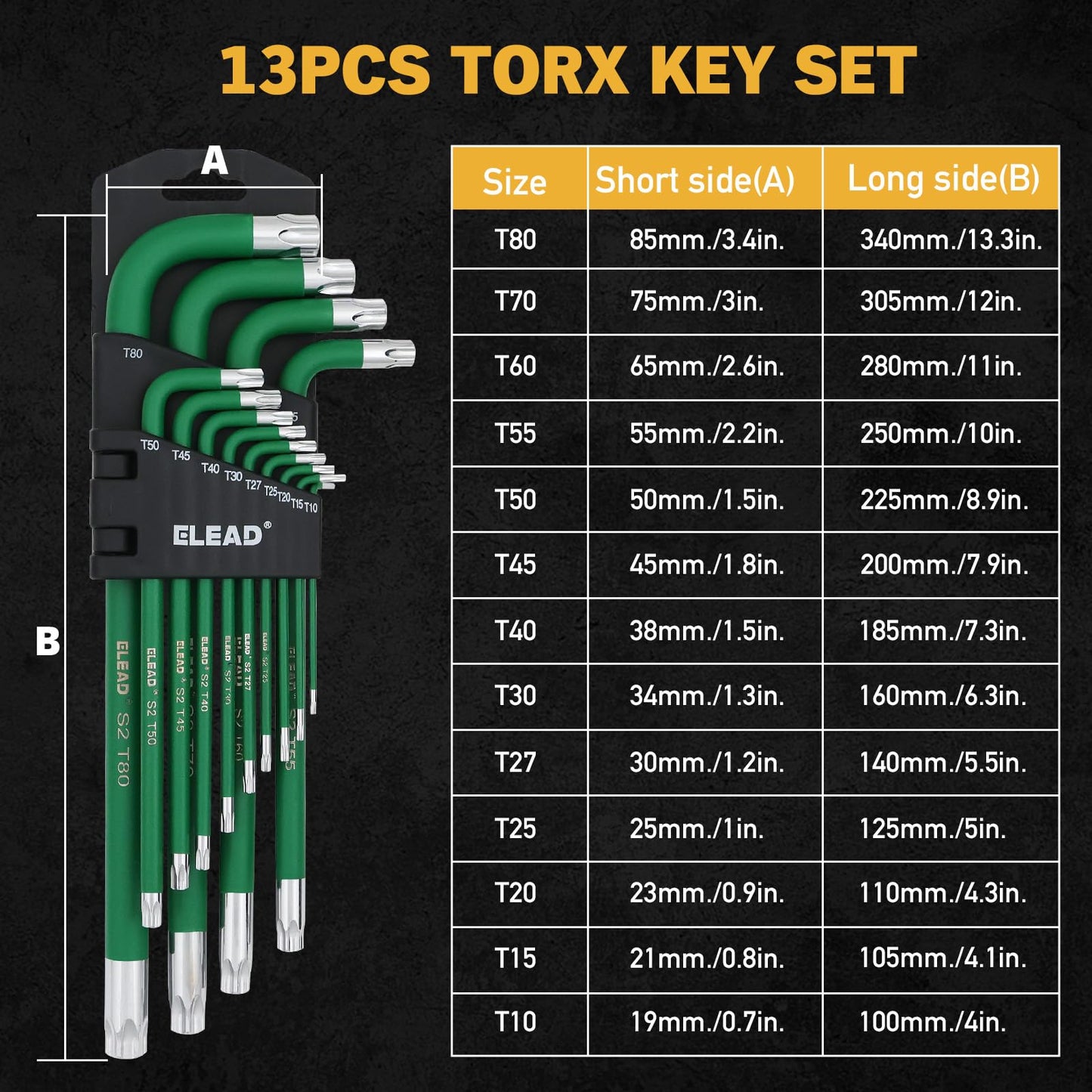 ELEAD Jumbo Torx Key Wrench Set | 13-Piece Durable S2 Star Keys | L-Shaped Long Arm Design | Sizes T10 to T80 | Automotive | Mechanic | Furniture | Professional Grade Tools