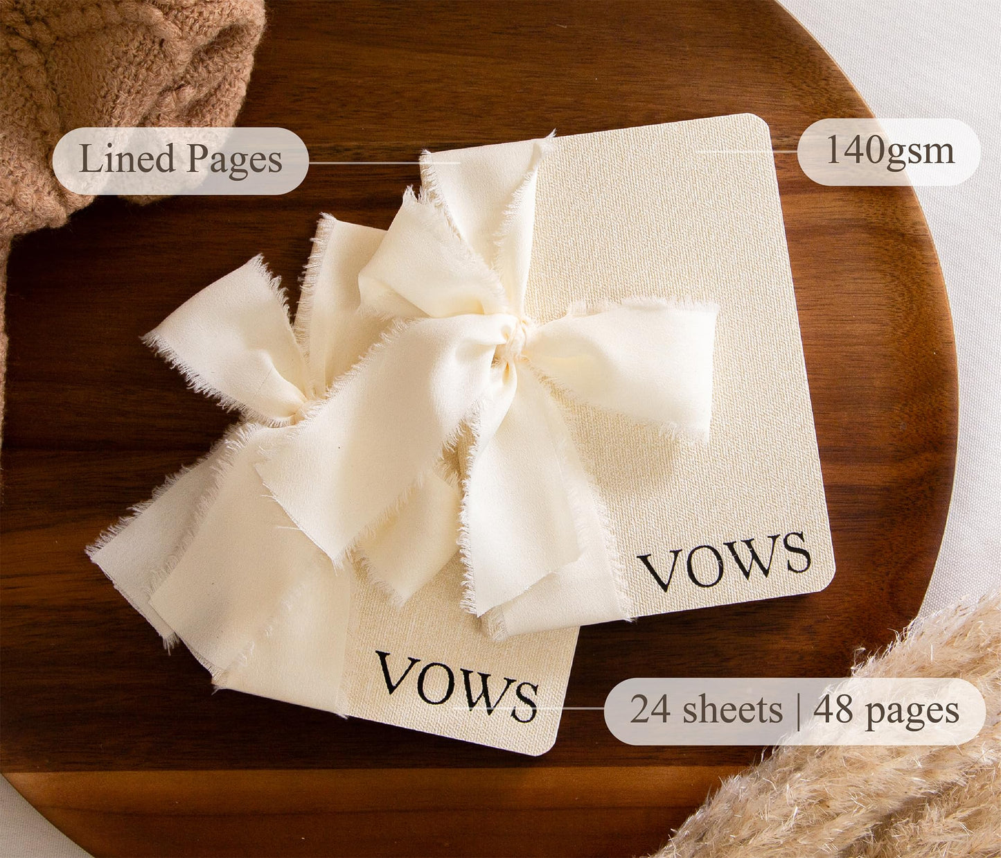 Modern Album Designs Cream Embossed Slim Vow Books w/Ribbon (Set of 2) - 5.625 x 4 Minimalist Pocket Sized Wedding Ceremony Vow Renewal Speech Notebook Journal