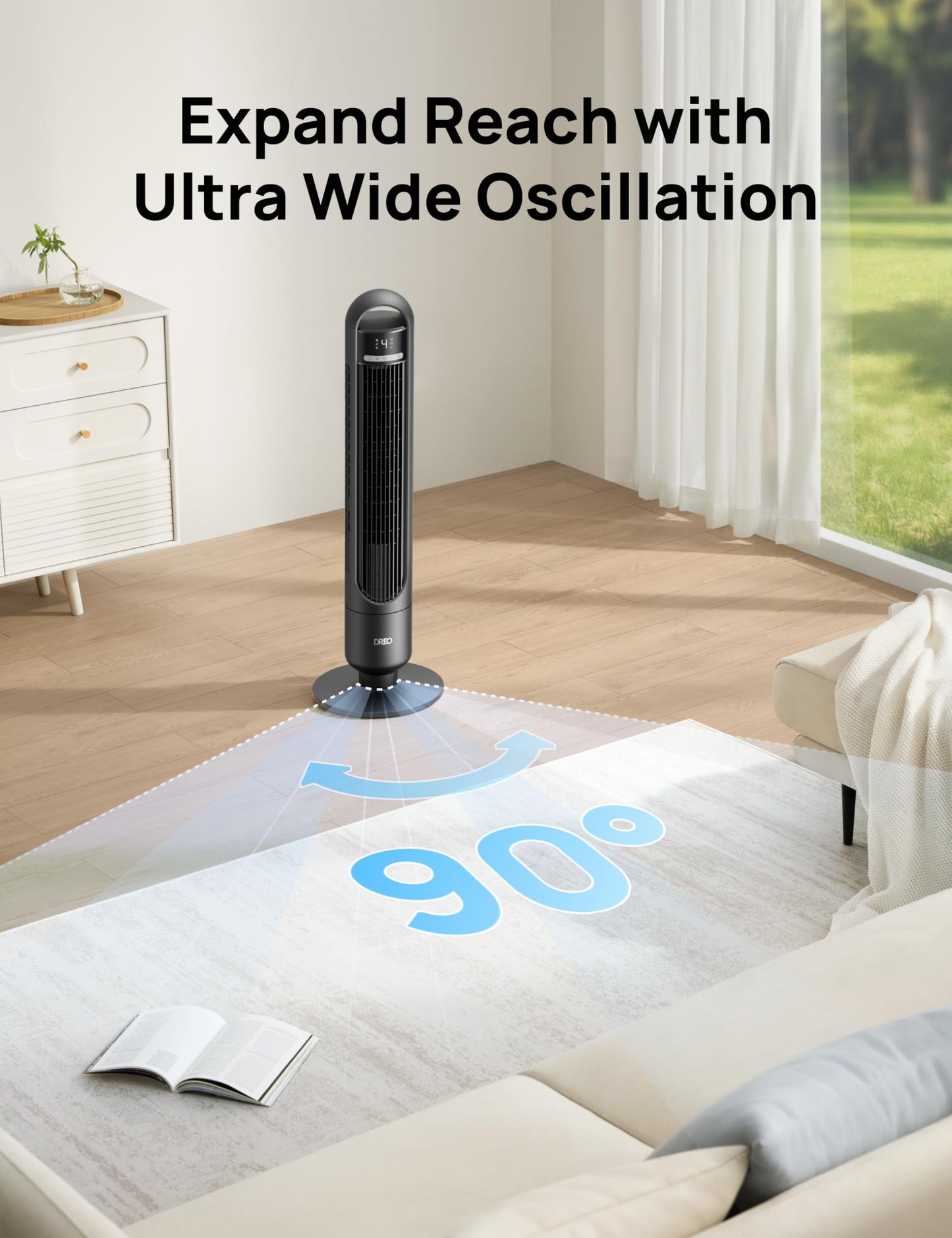 Dreo Tower Fan for Bedroom, 90° Oscillating Standing Fans for Room with 4 Speeds, 3 Modes, 28dB Quiet for Sleep, 25ft/s Velocity, 8H Timer, Remote, Living Room, Office, Home, Black