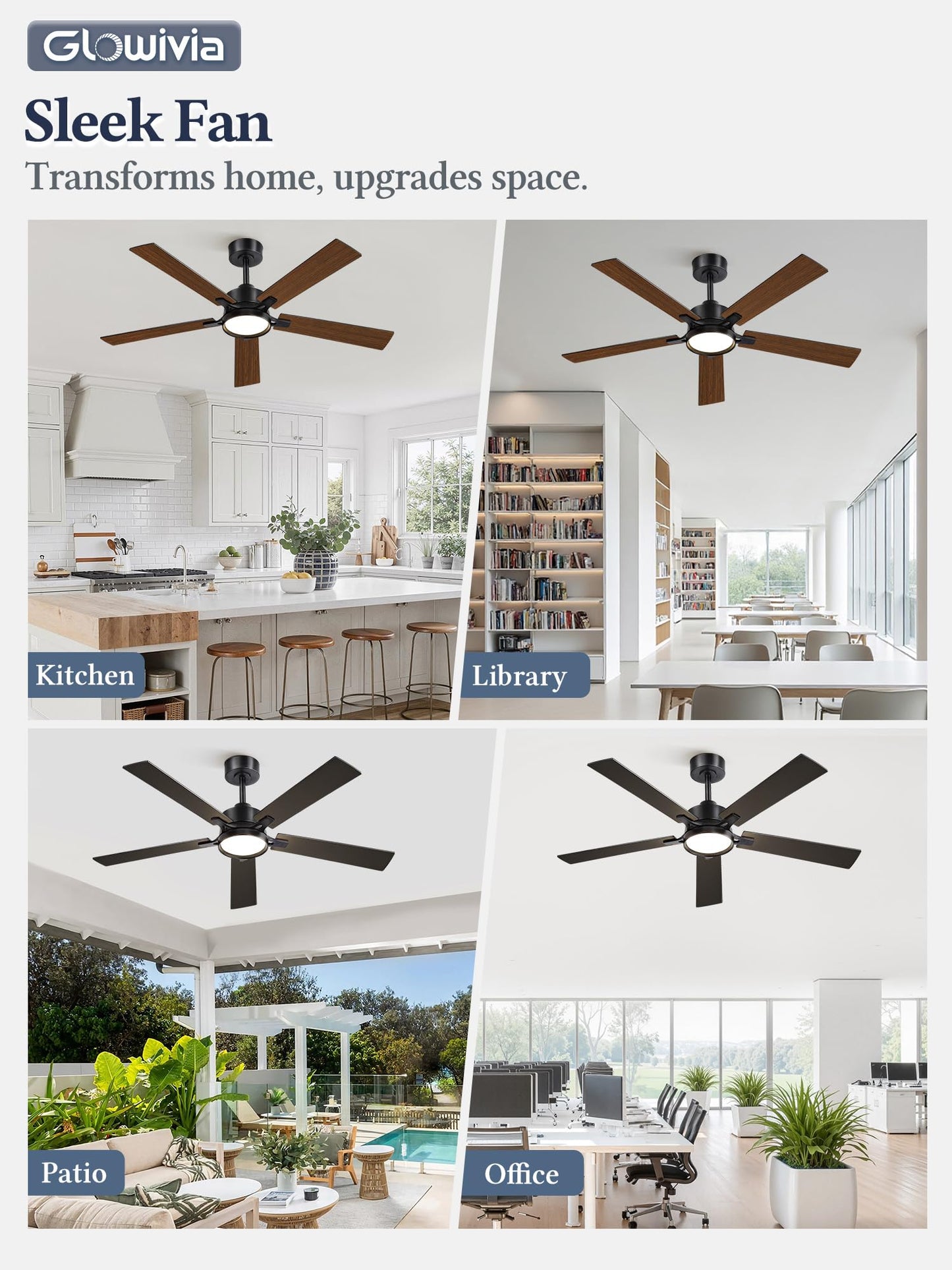 Glowivia 52 Inch Ceiling Fan with Lights and Remote, Smart APP Control, Dimmable with All-Setting Memory, Quiet DC Motor Reversible Blades, Damp Rated Modern Ceiling Fan for Bedroom Patio Living Room