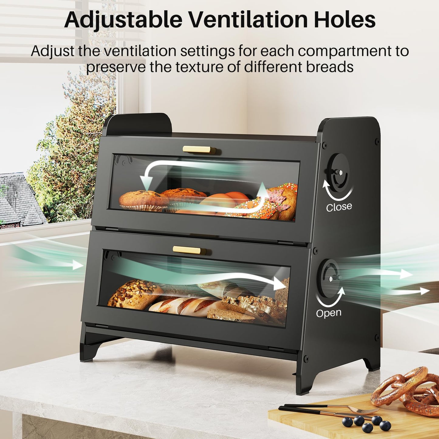 SNTD Bread Box - Kitchen Countertop Bread Storage Container with Bamboo Cutting Board, Adjustable Vent Hole Dials, Black