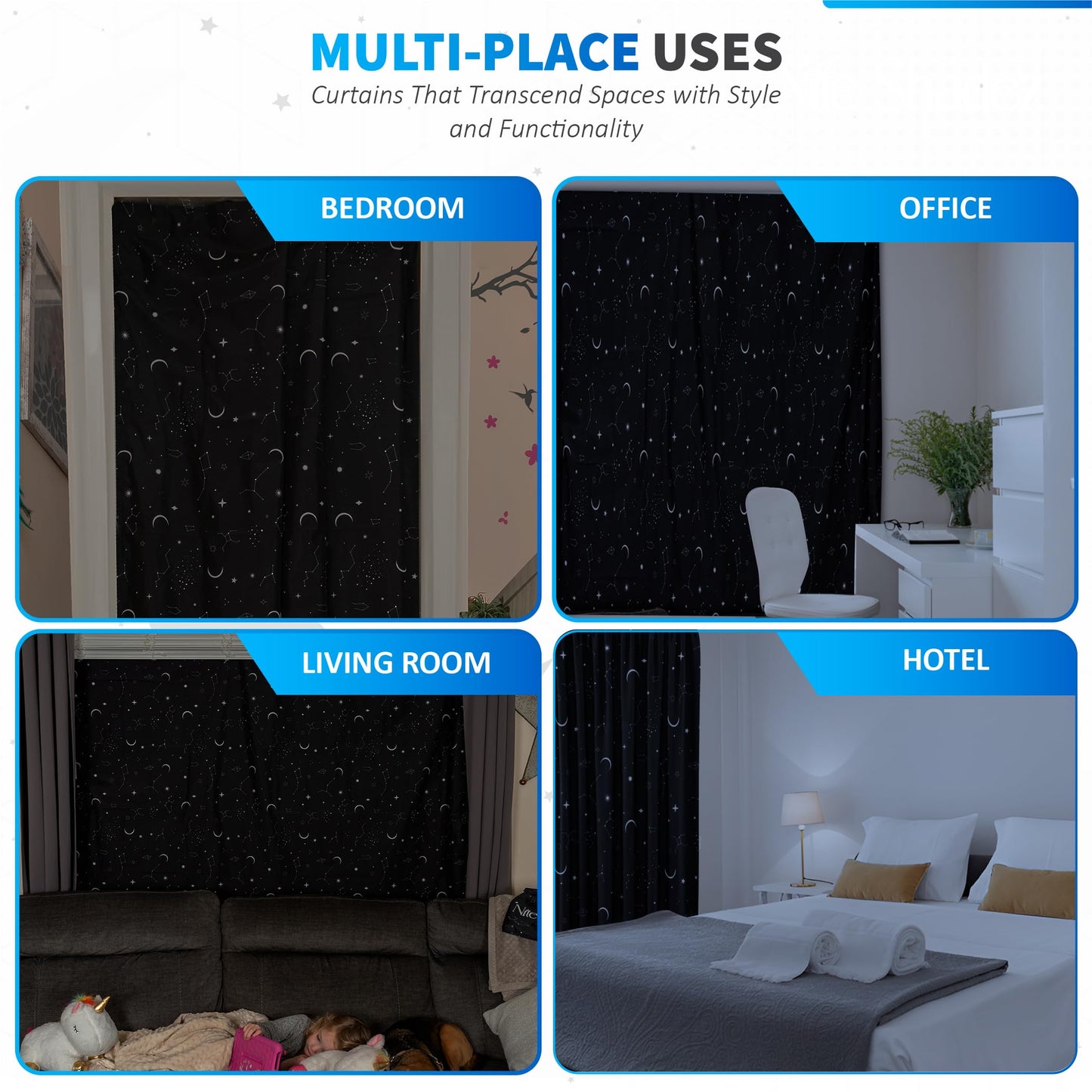 Portable Blackout Curtains (60" x 80") - Travel Blackout Curtains for Baby Nursery w/Stars - Portable Blackout Shades w/UV & Thermal Protection - 20 Stick on Suctions & Velcro Blackout Window Cover