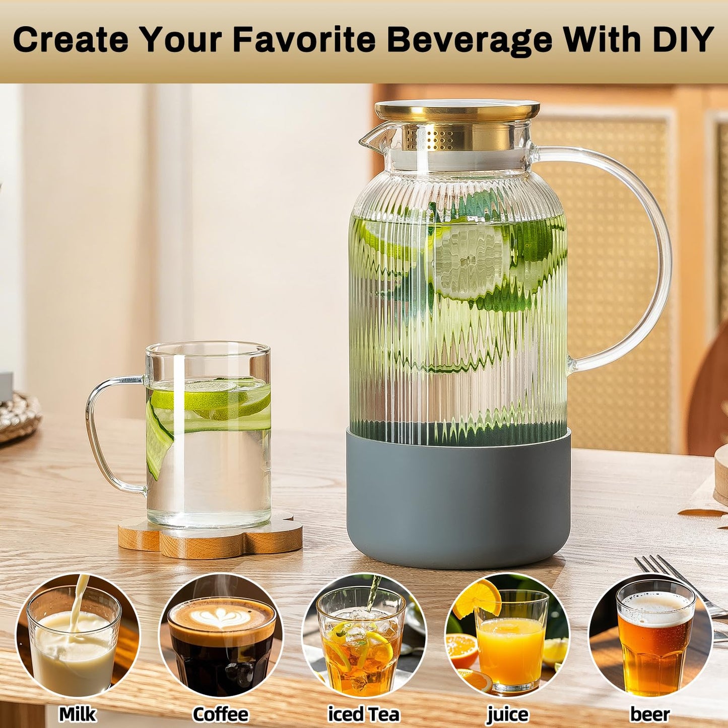 Buaic 2 PACK Glass Pitcher with Lid, 68 oz/ 2 Liter Classic Vertical Stripes Water Pitcher with Silicone Base, Glass Water Carafe for Cold Brew, Coffee, Lemonade, Iced Sun Tea,Beverage,Heat Resistant