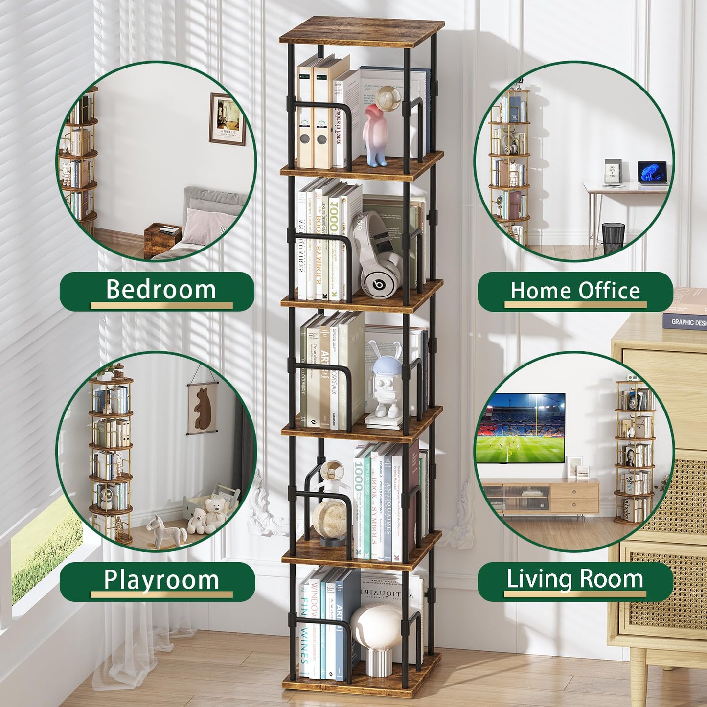 swlongbooks 5-Tier Rotating Bookshelf, Freestanding Corner Bookshelf, 360° Spinning Bookcase Industrial Style Storage Rack with Rails, for Living Room, Bedroom, Study