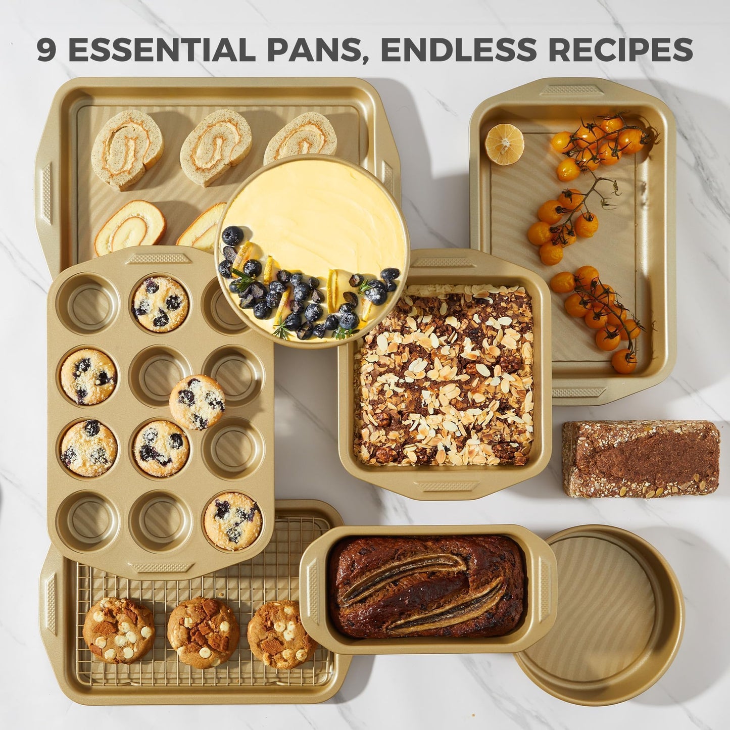 HONGBAKE 9-Piece Nonstick Bakeware Set, Wave Texture for Easy Release, 0.8mm Thick Non-Toxic Baking Pans Set, Includes Stackable Cookie Sheets, Antique Gold