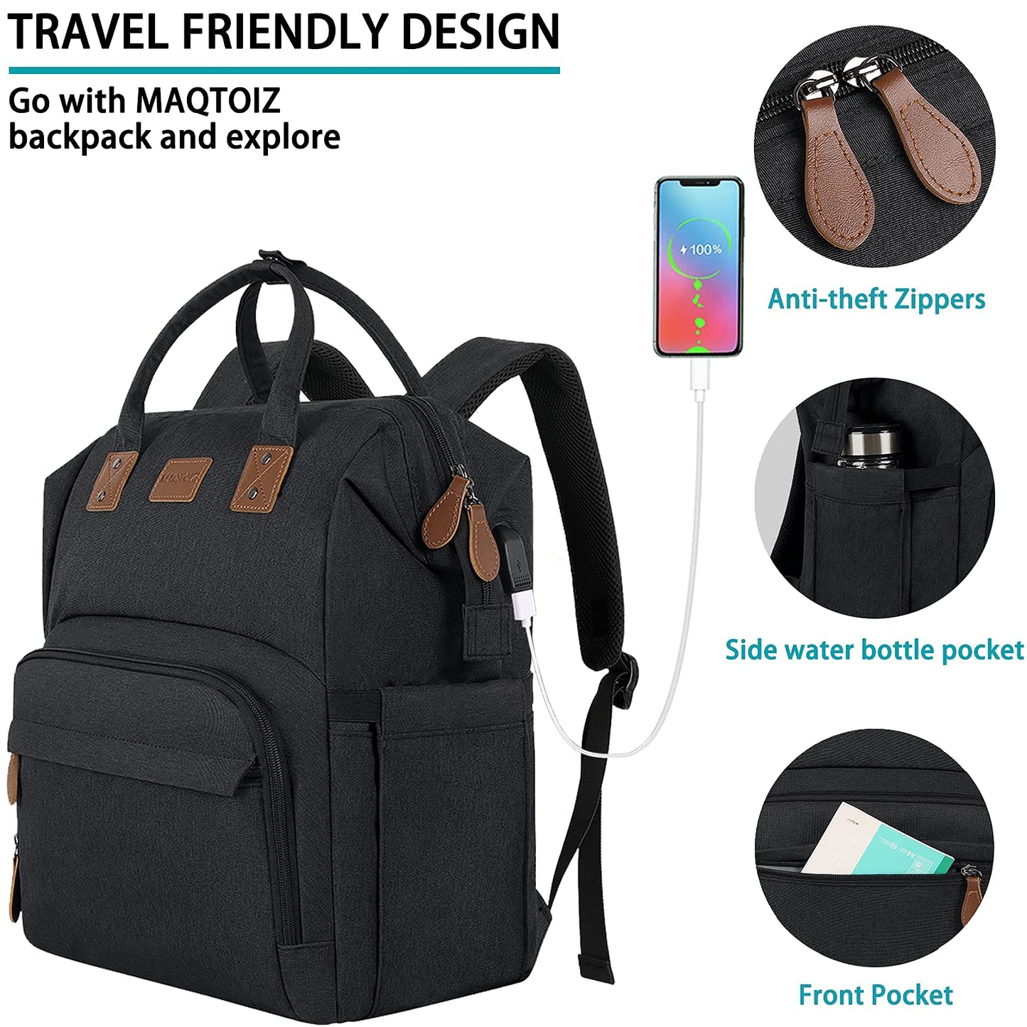 MAQTOIZ 17 Inch Laptop Backpack, Large Lunch Backpack for Women Men Gifts, Travel Carry On with Lunch Box and USB Port, Insulated Cooler Bookbag Nurse Work Backpacks, Black
