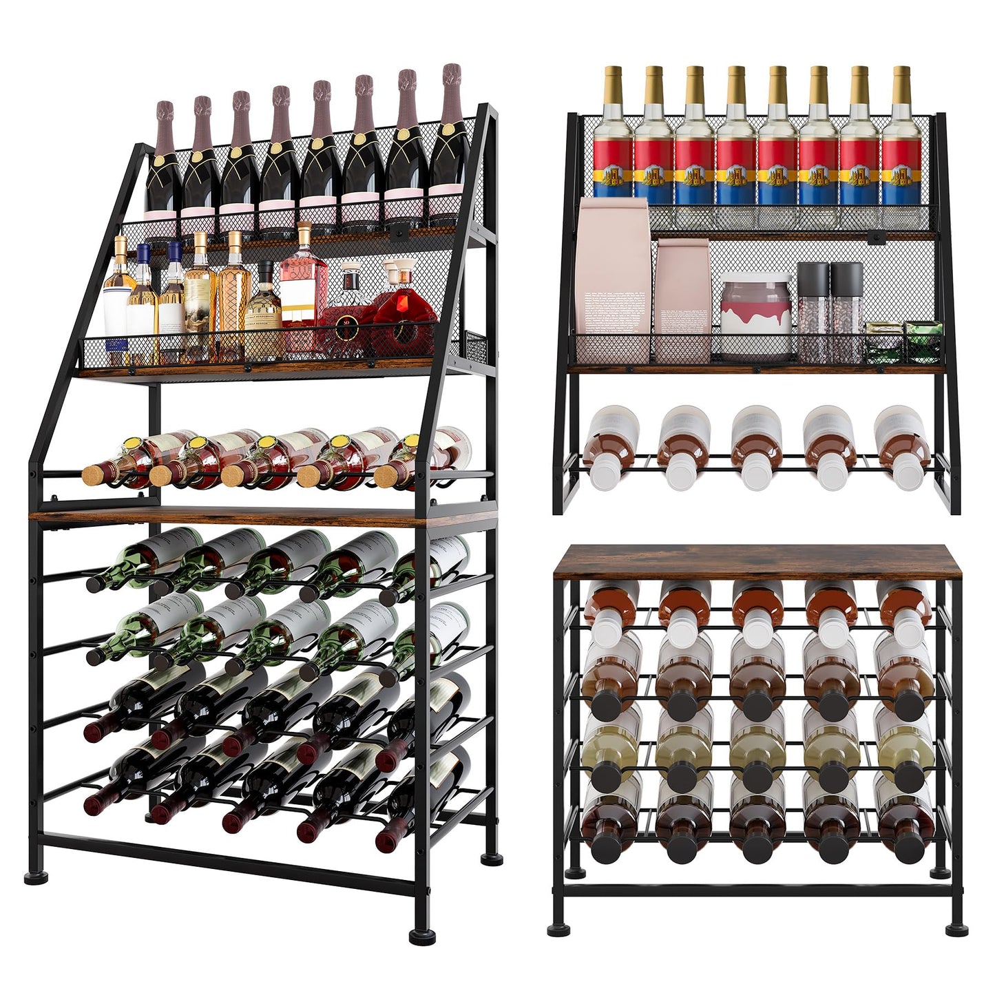 TQVAI Wine Rack Freestanding Floor Modular Split 40 Bottles Vertical Countertop Wine Racks Tall Liquor Bottle Display Shelf with Hidden Cork Organizer for Home Bar, Black/Antique