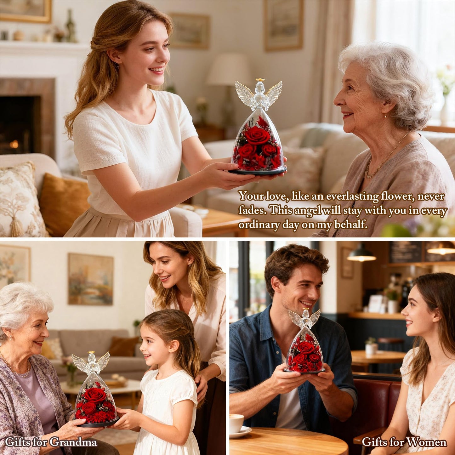 AIMEYE Birthday Gifts for Wife and Girlfriend, Red Preserved Roses in Glass Angel Figurine, Romantic Birthday Gift for Her, Love Keepsake
