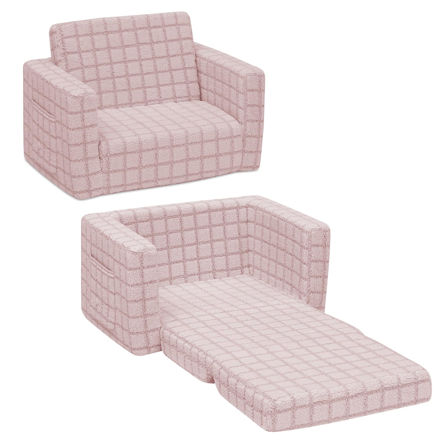 Delta Children Checkered Cozee Flip-Out Kids Chair, Snuggly Sherpa-Like Foam Convertible Armchair for Boys and Girls, Machine Washable Cover, Soft Comfy Toddler Seating for Playroom/Bedroom, Pink