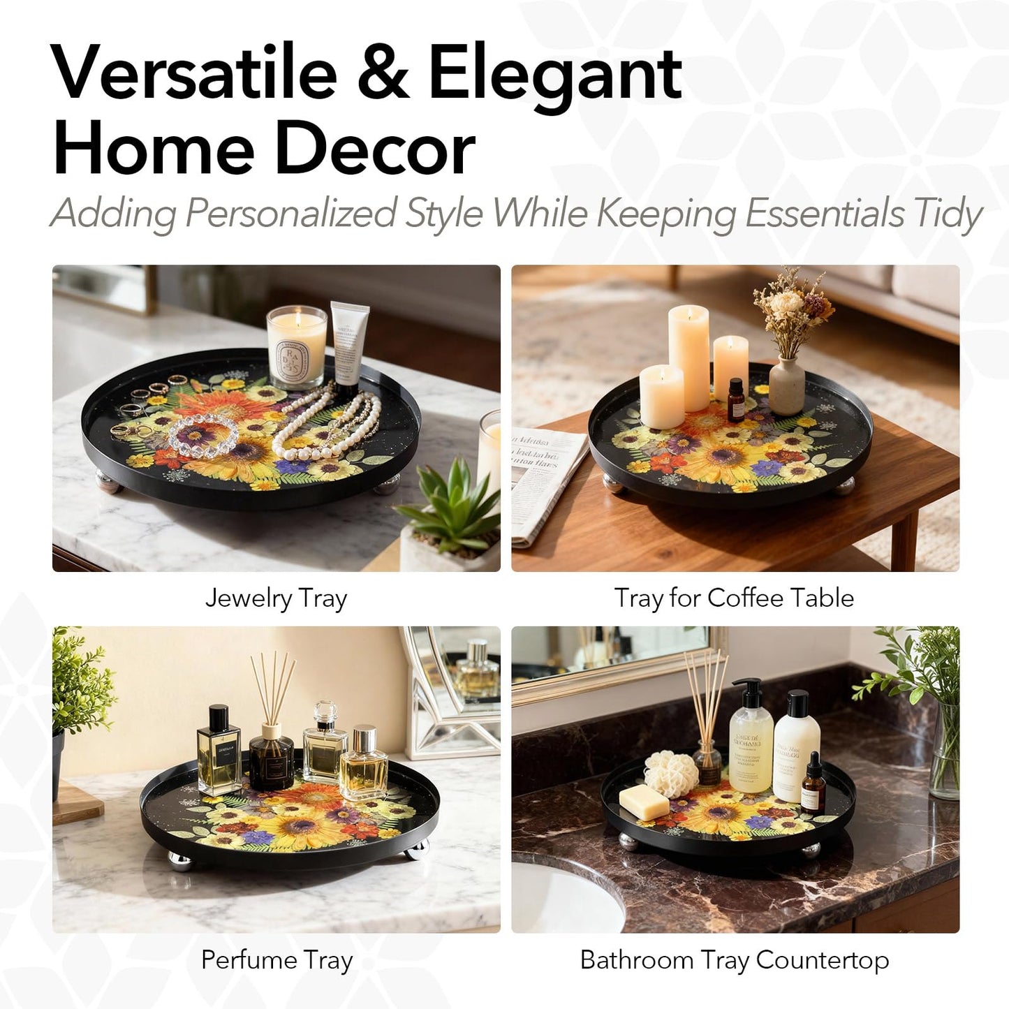 Masterpiece Decor Trays DIY Resin Kit with Real Pressed Roses, Elegant Metal Base, Gold Flakes, Beginner-Friendly Guide with Design Ideas, No Skills Needed, Just Fun! (11.8*11.8 Inch, White-Pro)