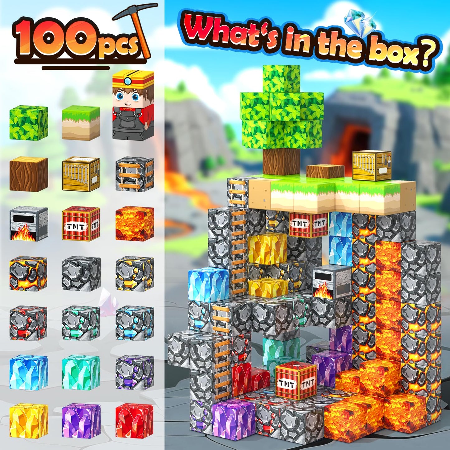 100PCS Magnetic Blocks Building Toys, Gem Cave Adventure Building Craft, Learning Sensory Toys for Boys Girls Age 3-12, Game Gift for Kids Little Gamers