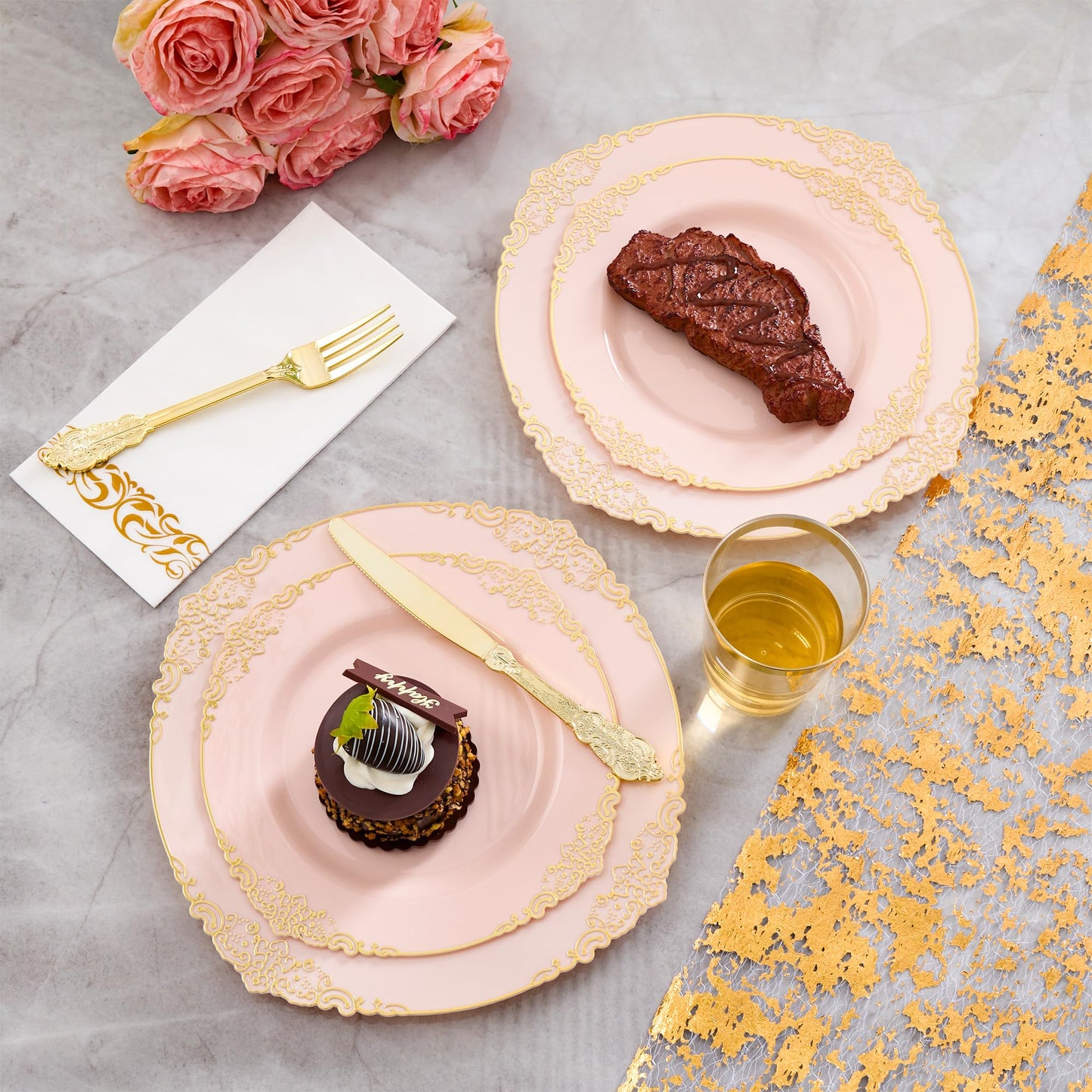 Fijinhom 350pcs Pink Plastic Plates, Elegant Disposable Dinnerware Set, 125 Pieces, White and Gold, Plates, Cups, Cutlery and Napkins (Pink, 50 Guests)