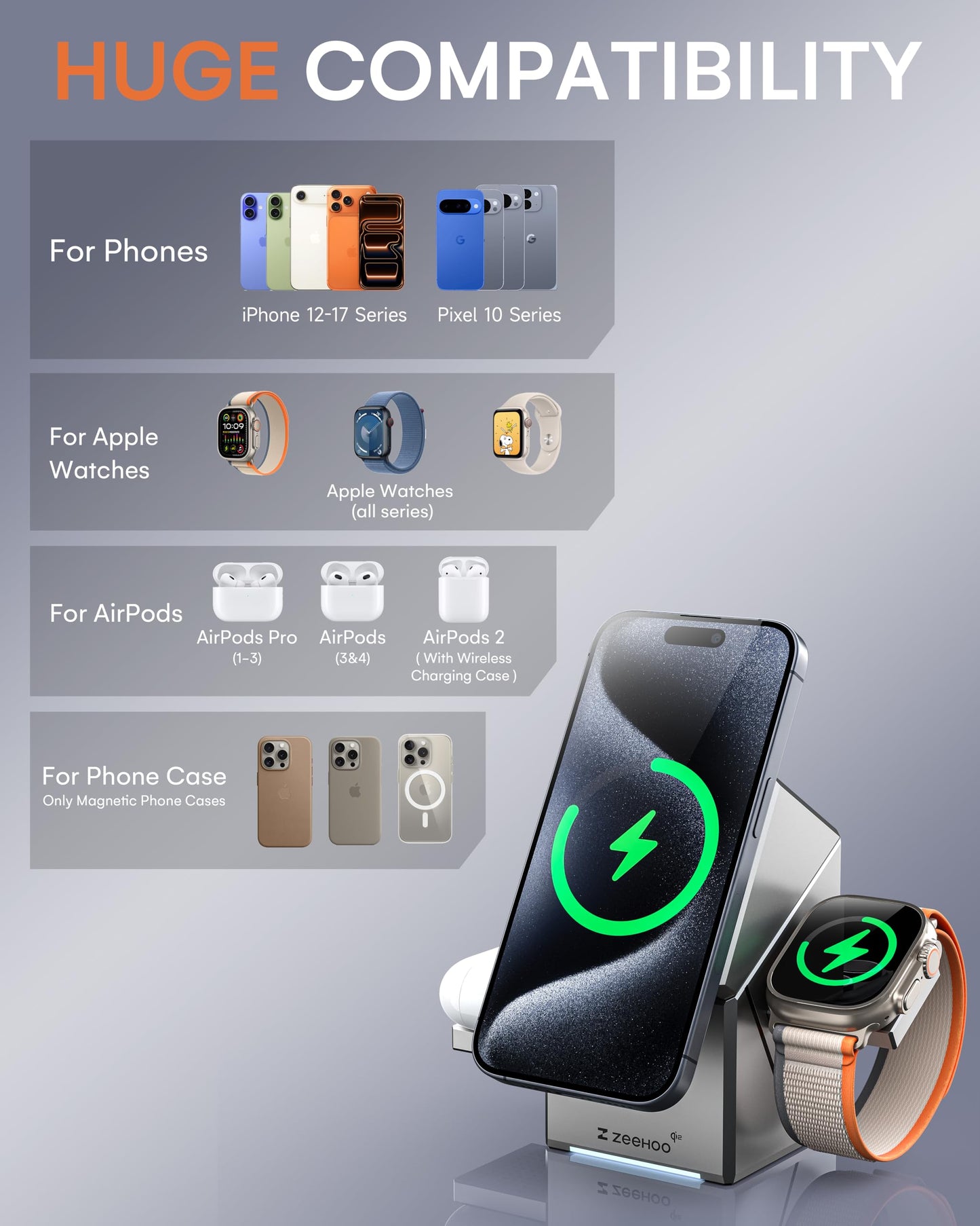 ZEEHOO 3 in 1 Charging Station for Apple, iPhone Mag-Safe Charger, Qi2 Certified, Rotating Wireless Charger Stand for iPhone 17,16,15,14,13,12 Series, Apple Watch, AirPods (USB-C Charger Included)
