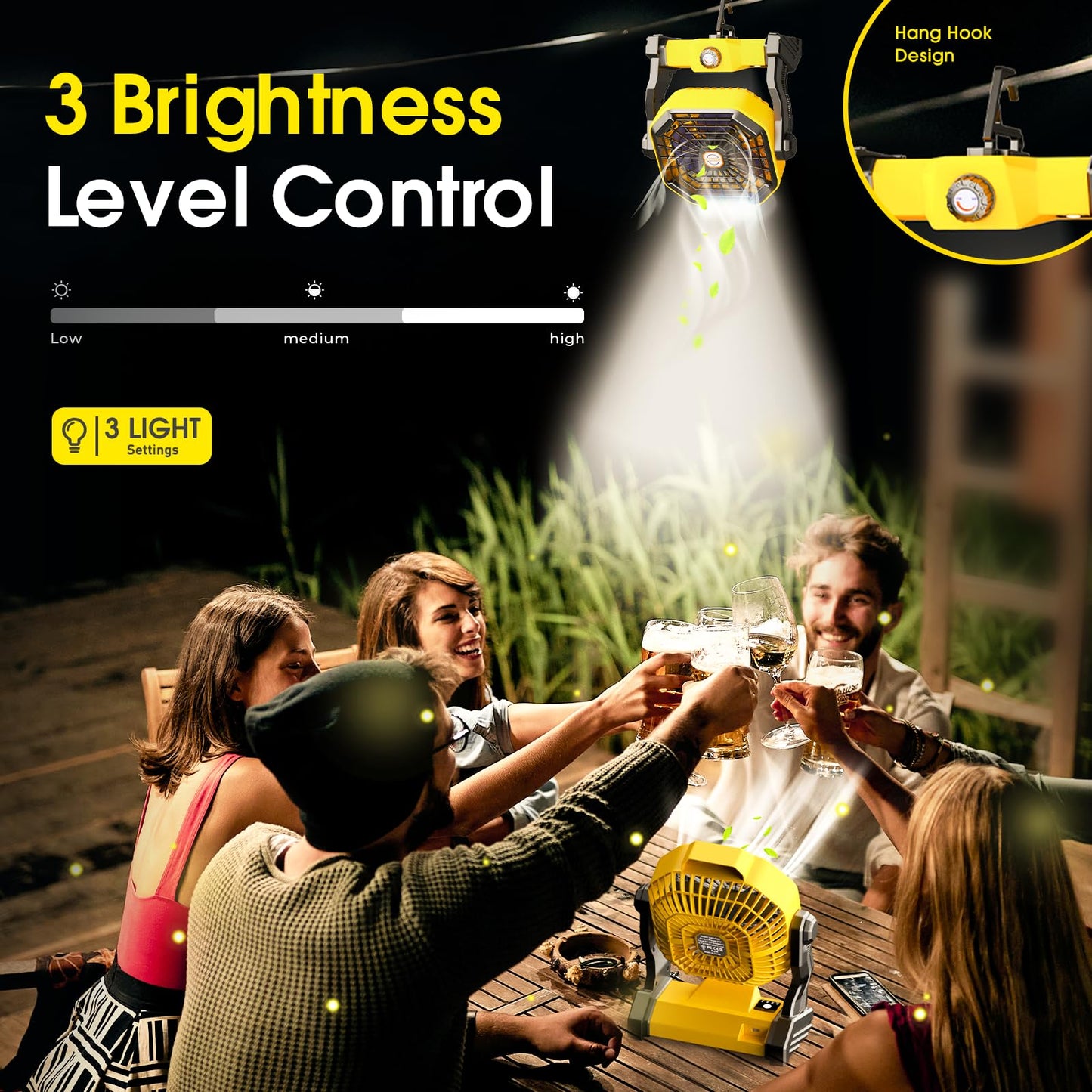 JINLICTE Solar Fan with LED Lantern, Camping Fan with 7W Solar Panel, Rechargeable Solar Powered for Outside, Quiet Battery Operated Tent for Picnic, Barbecue, Fishing, Travel