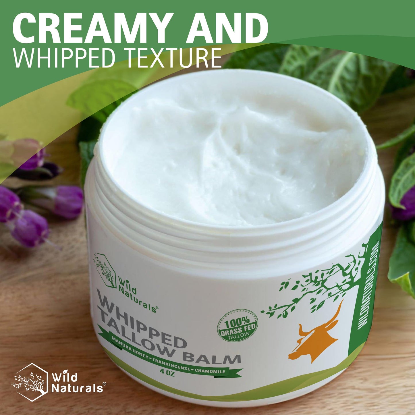 Wild Naturals Whipped Tallow Balm, 100% Grass Fed Beef Tallow and Honey Balm for Face and Body, Unscented Face Moisturizer, Anti-Aging and Dry Skin Relief, Non-Greasy, All-Natural, 4oz