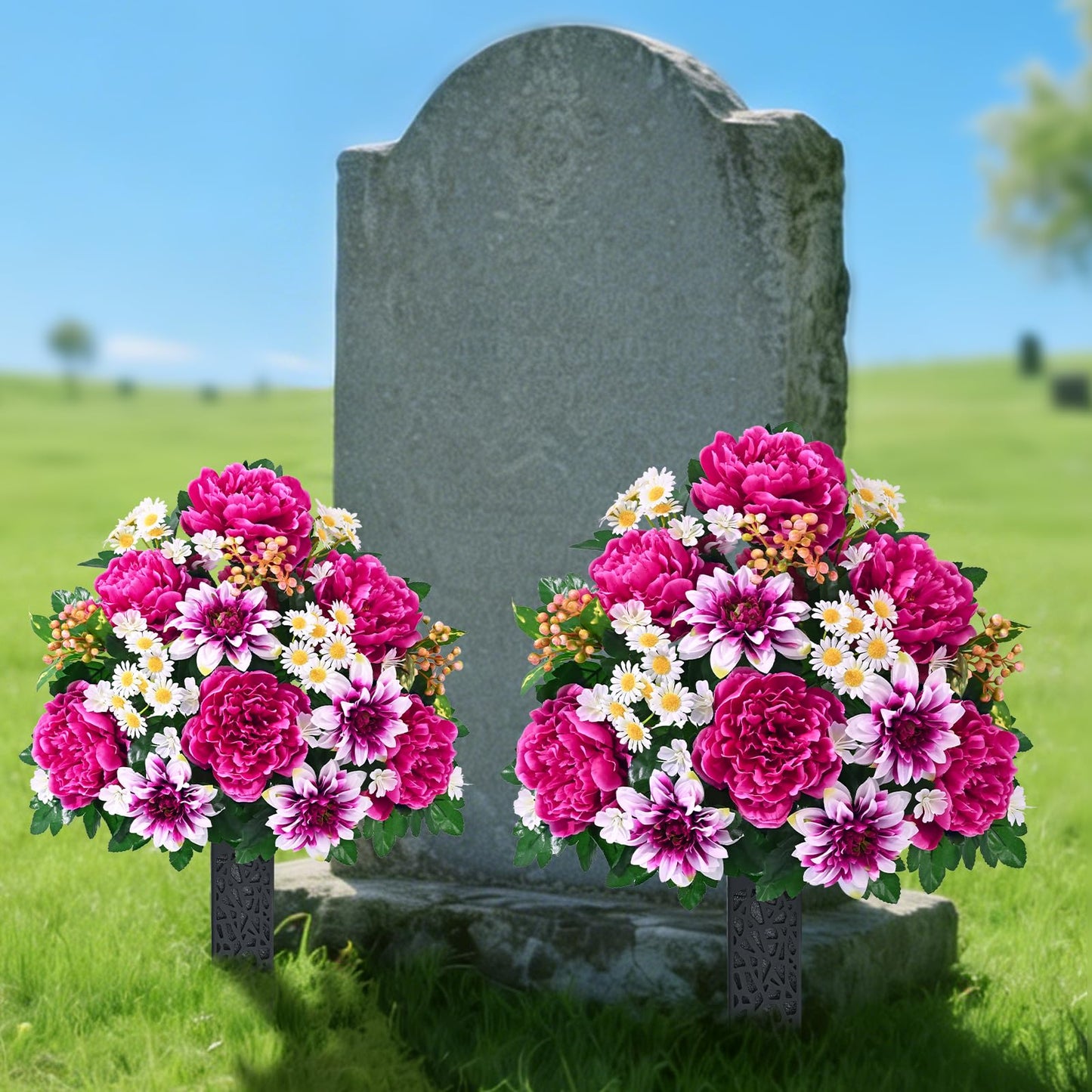 Dolicer Artificial Cemetery Flowers for Grave, Set of 2 Memorial Grave Flowers for Cemetery with Vase Realistic Silk Gravesites UV Resistant Peony Daisies Flowers Decorations (Red with White)