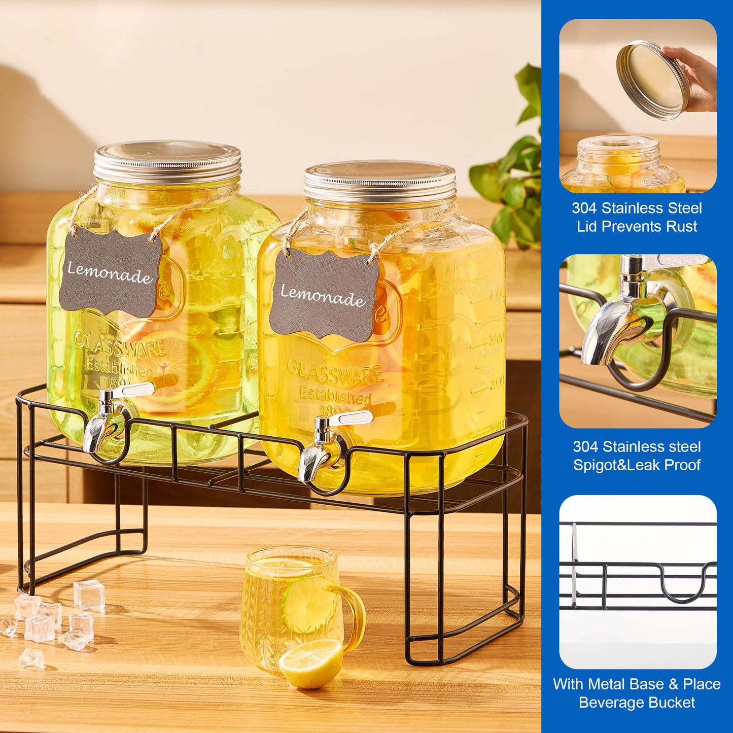 1.5 Gallon Glass Drink Dispensers for Parties, 2PACK Beverage Dispenser with Stand, Ice Cylinder and Stainless Steel Spigot 100% Leakproof, Beverage Dispenser for Lemonade Sun Tea