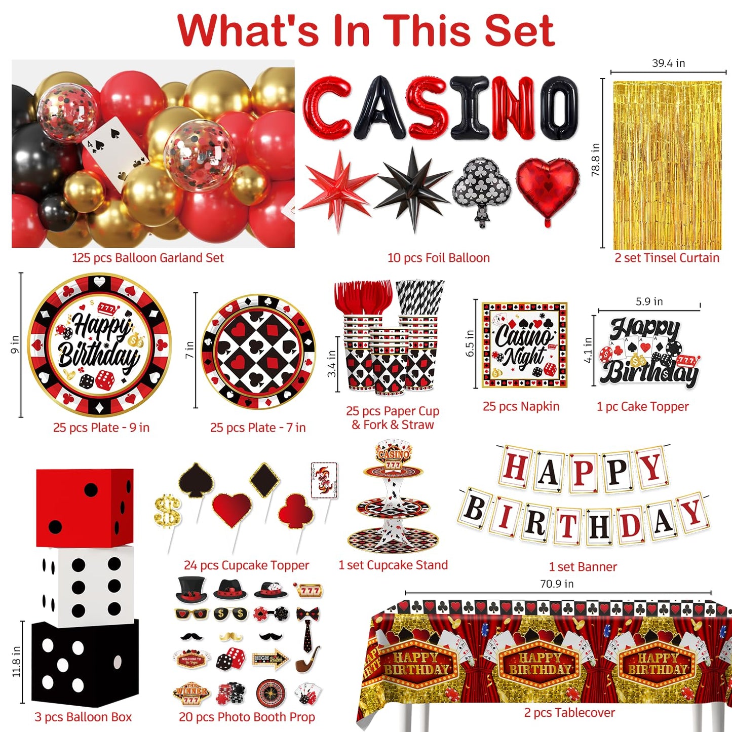337Pcs Vegas Themed Party Decorations Serves 25, Casino Theme Party Supplies with Banner, Dice Boxes, Cupcake Stand, Photo Booth Props and Balloons for Poker Party Decorations and Game Night