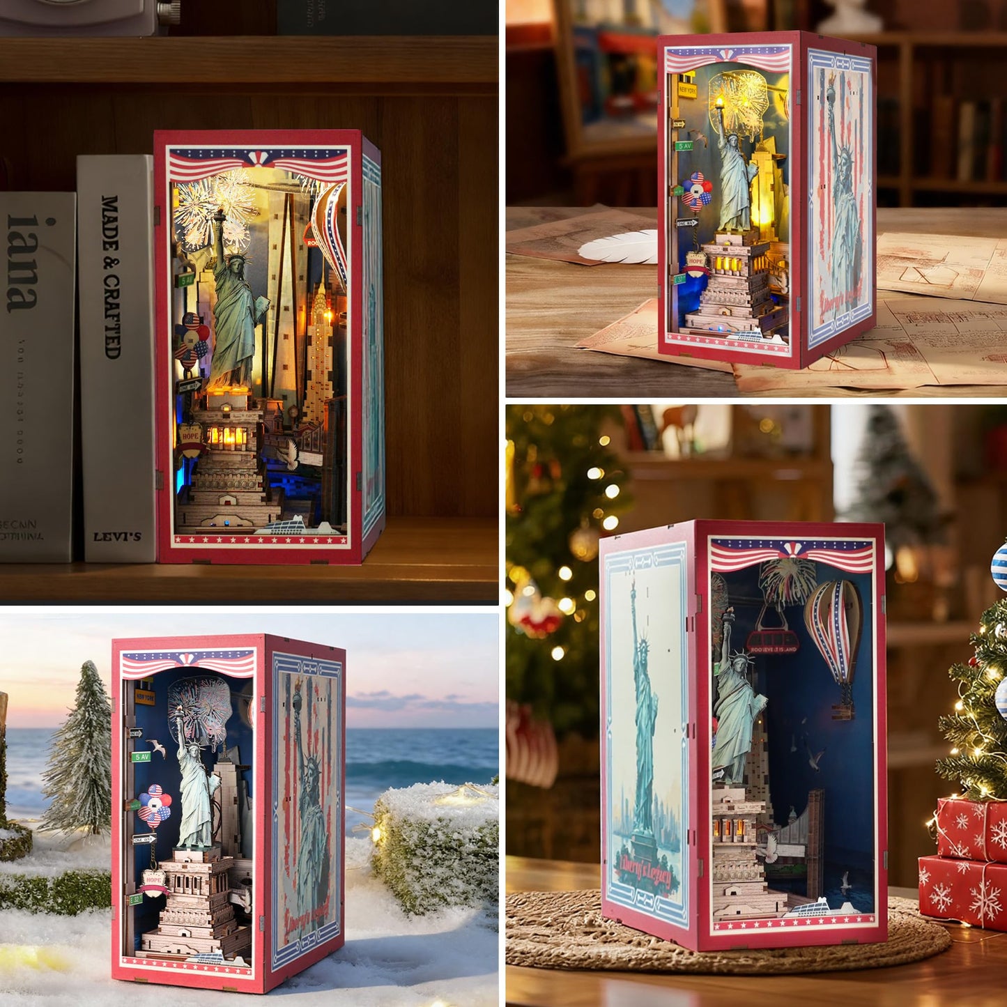 Book Nook Kit, DIY Miniature House Dollhouse Crafts Kit for Adults and Teens, The Statue of Liberty New York Cityline 3D Wooden Puzzle Booknook Build Bookshelf Decor Gifts（Liberty's Legacy）
