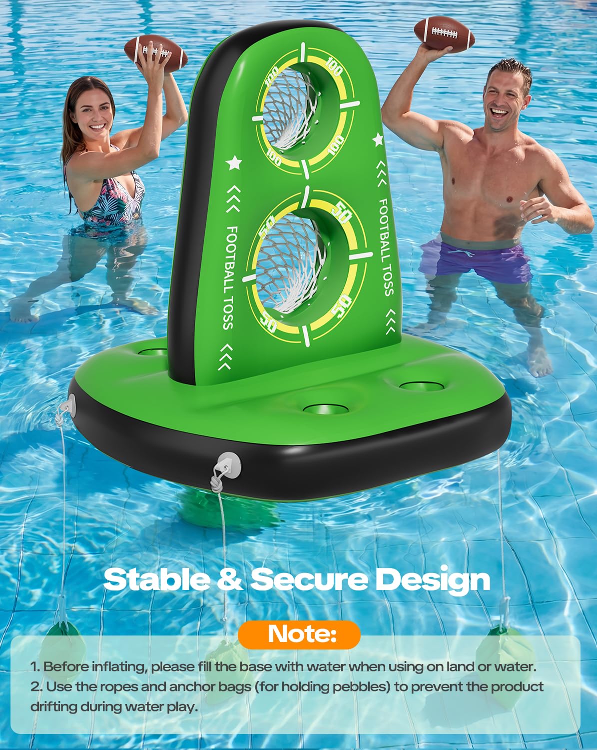 Qmioti Inflatable Football Toss Game for Pool, Floating Football Target with 4 Water Footballs & 2 Pumps, Stable Base, Outdoor Pool Games for Kids & Adults