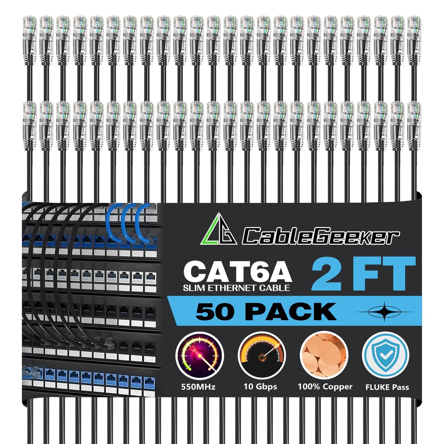 CableGeeker Patch Cables Cat6a 2ft (50 Pack) Slim, Cat6 Ethernet Patch Cable 10G Support, Snagless RJ45 Cat 6 Patch Cable for Patch Panel to Switch, Flexiable Network Cable - 2 Feet Black