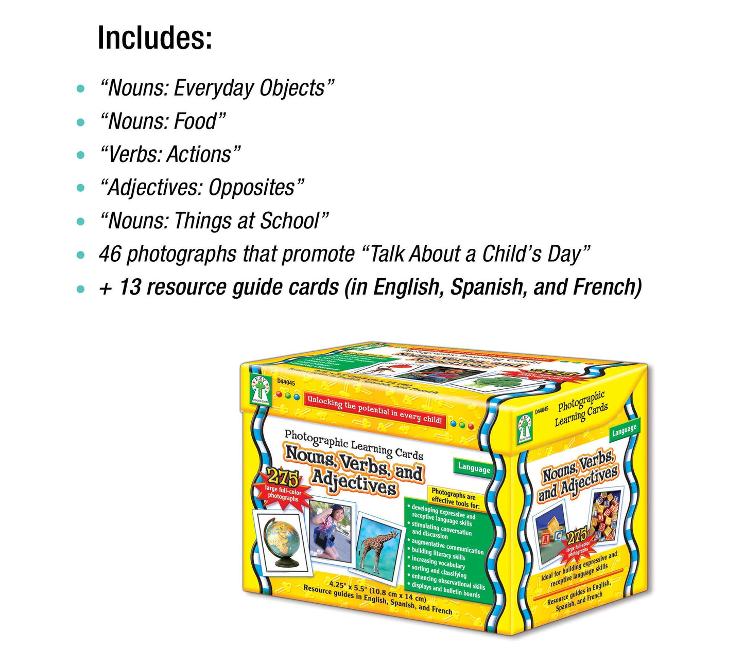Key Education Nouns, Verbs, and Adjectives Photographic Learning Cards, 275 Vocabulary Flash Cards, Parts of Speech Picture Games, Learning Resources for Preschool, ESL, and Special Needs