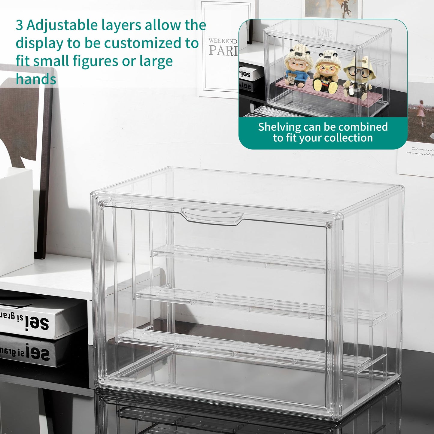Attelite Acrylic Display Case,Upgrade 4 Tiers Clear Display Case with 3 Adjustable Divider, 2 Pack Stackable Large Storage Box with Magnetic Door for Collectibles Action Figures