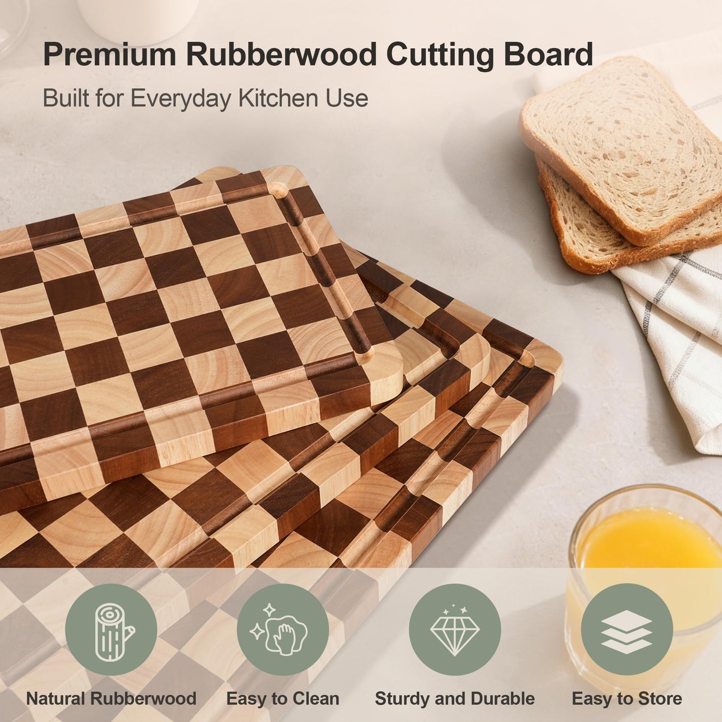 Checkered Cutting Board Set, 3-Piece Wood Checkerboard Cutting Boards for Kitchen with Stand, Chopping Board Set with Juice Groove & Handle for Meat, Vegetables, Cheese & Serving